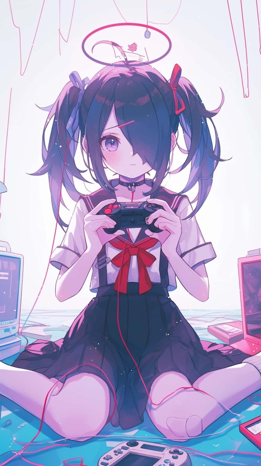 Needy Streamer Overload 桌布 壁紙 — 一個可愛的動漫女孩，深色頭髮和紅色蝴蝶結，盤腿而坐，手持遊戲控制器，周圍環繞著發光的粉紅色電子設備。