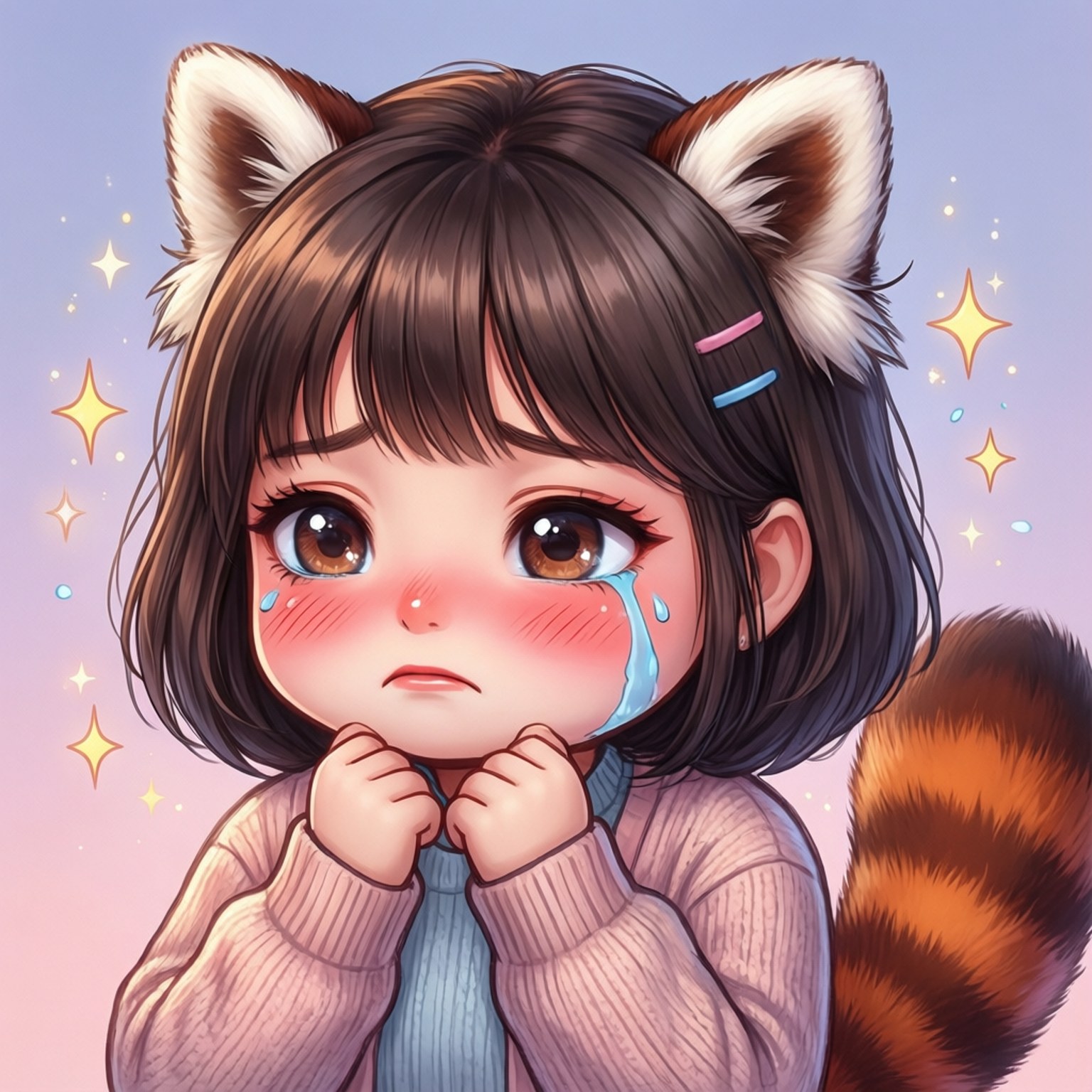 Embarrassed Chibi Meilin 壁紙 — 一個可愛的動漫女孩，有浣熊耳朵和尾巴，在閃爍的粉彩天空下流著大顆眼淚哭泣。