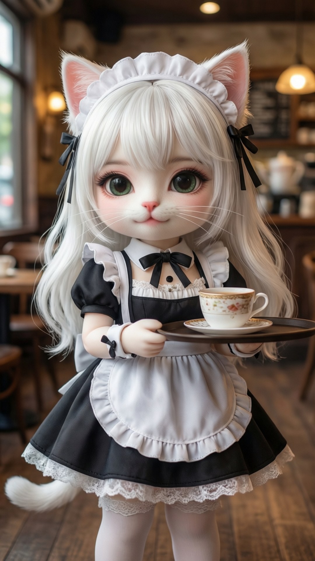 Maid Cafe Cutie 壁紙 — 一個可愛的動漫風格貓女，白色頭髮和耳朵，穿著黑白女僕裝，在舒適的咖啡館裡拿著托盤，上面有茶杯。