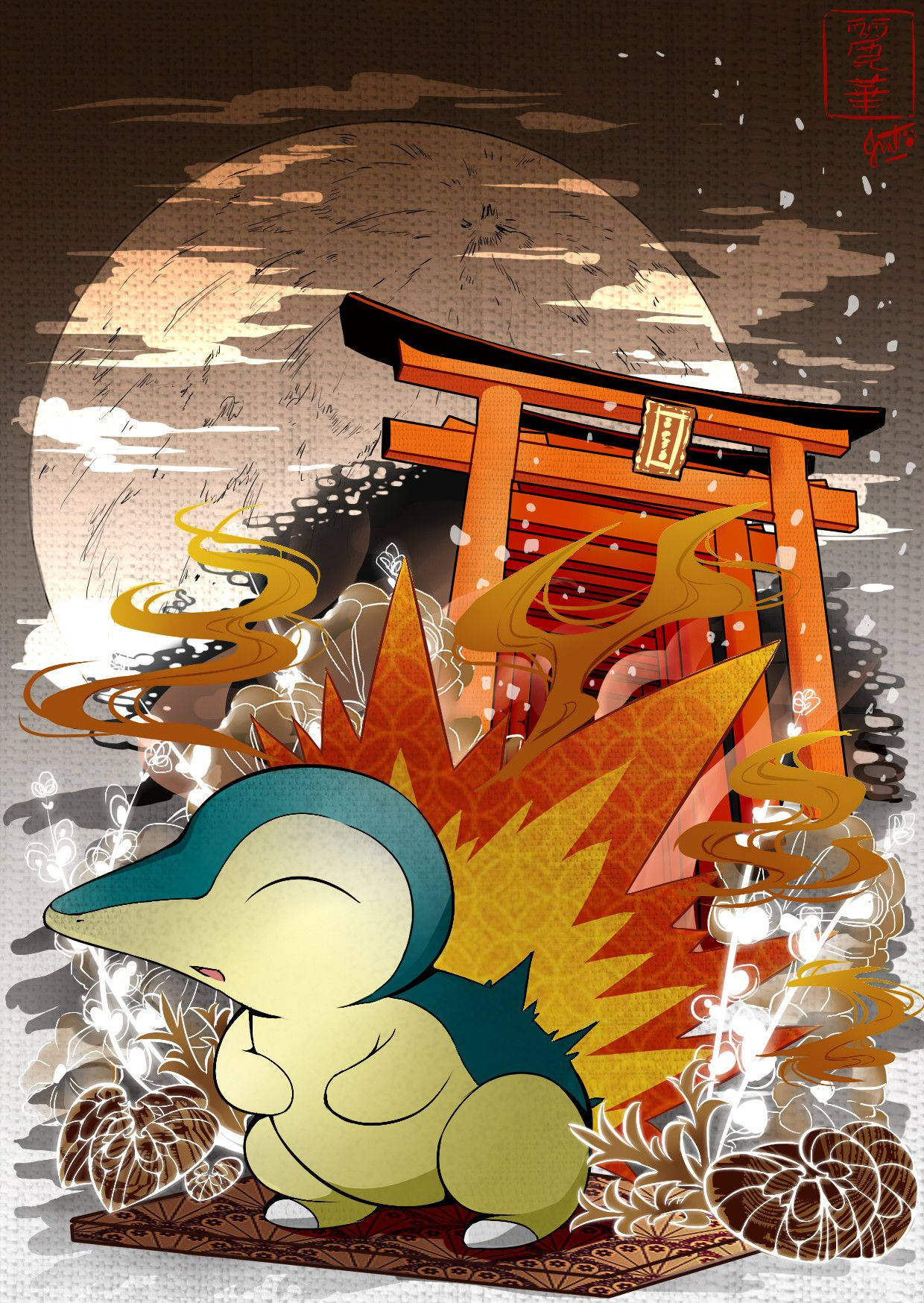 火球鼠在月亮下的日本鳥居前，有火焰和花朵。 — 中文 壁紙
