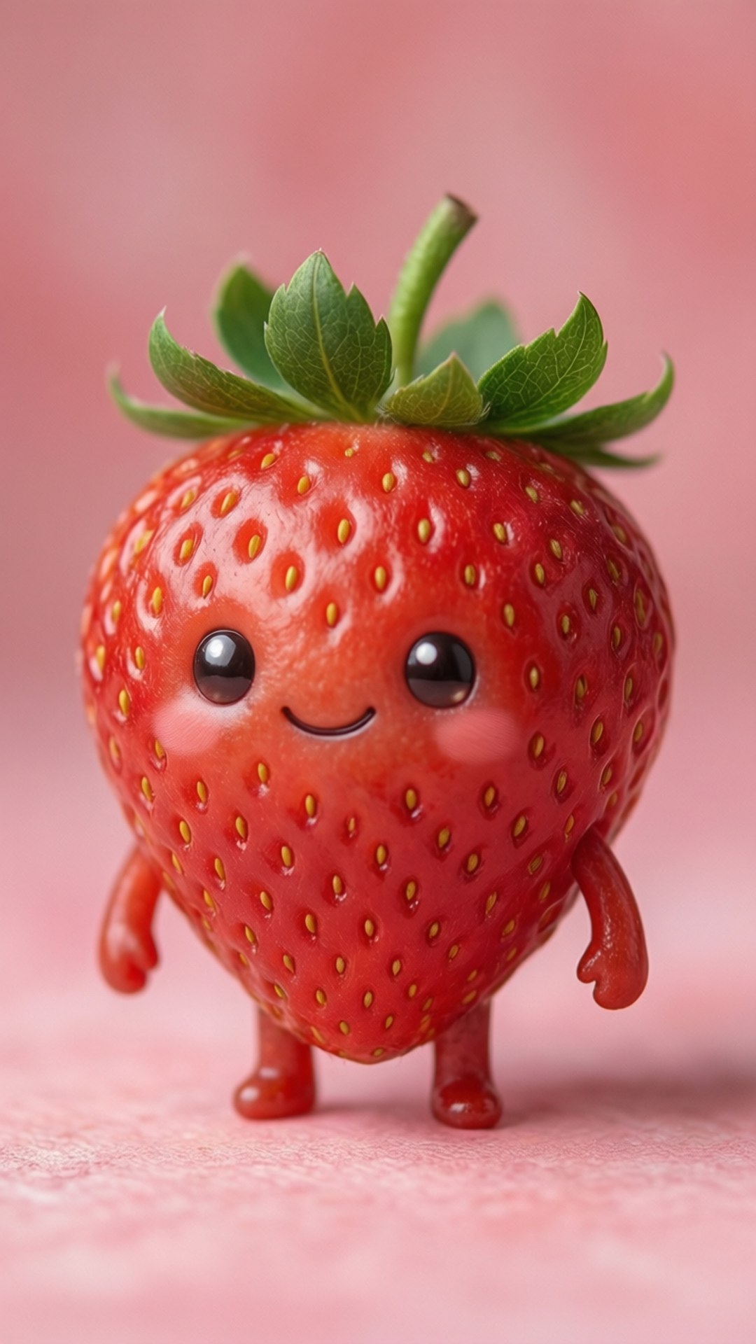 Kawaii Strawberry 壁紙 — 一個可愛的擬人化草莓，有大眼睛和微笑，站在柔軟的粉紅色背景上。