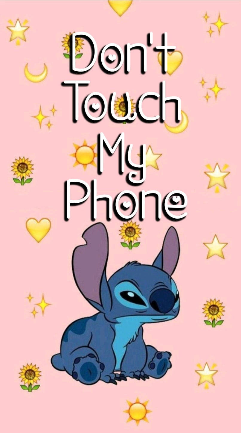 藍色外星人角色與向日葵、心形和星星圍繞著文字「Don't Touch My Phone」。 — 別碰我的手機 壁紙