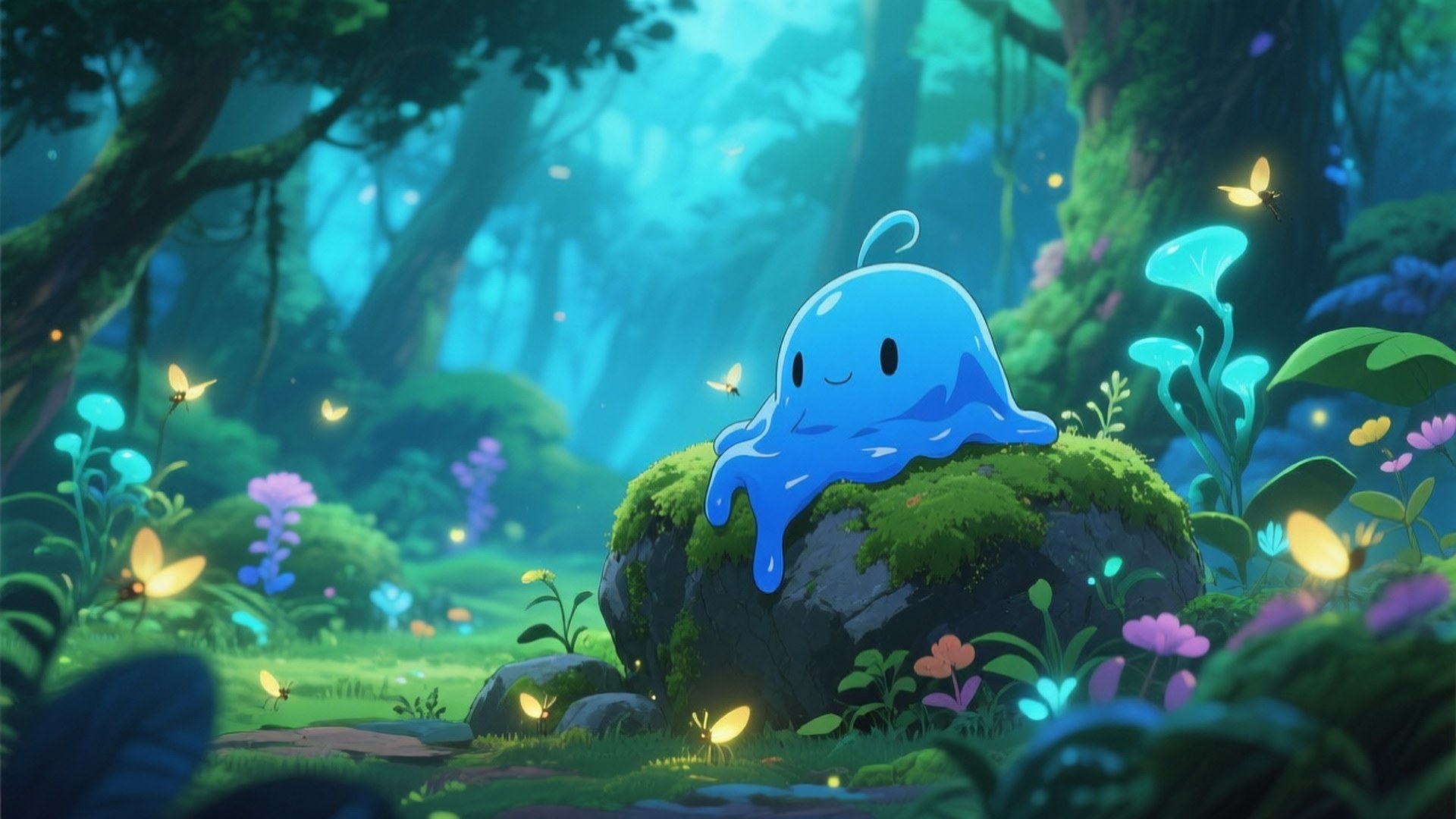 Slime in the Enchanted Forest 壁紙 — 一個可愛的藍色凝膠狀生物在長滿苔蘚的石頭上休息，周圍是發光的魔法森林，有飛舞的螢火蟲和色彩繽紛的花朵。