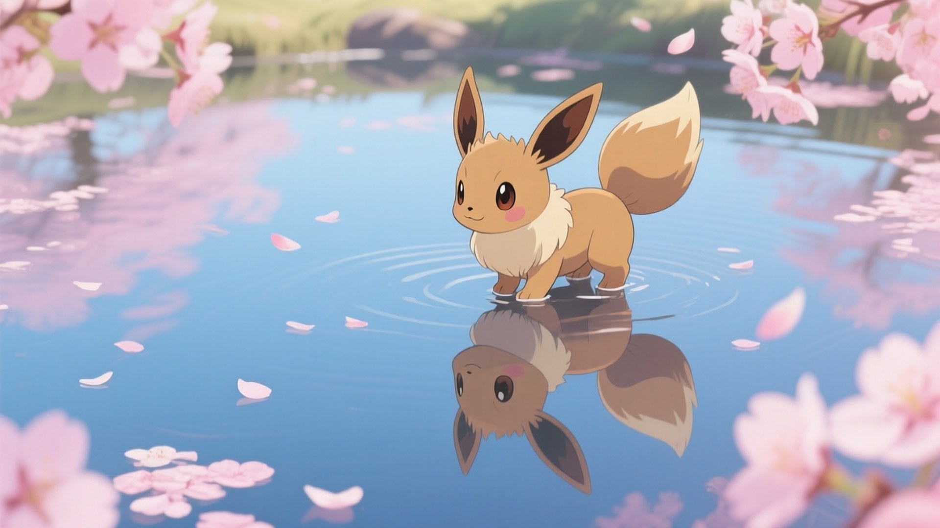 Eevee by Cherry Pond 壁紙 — 一隻可愛的棕色狐狸般的寶可夢站在平靜的池塘中，周圍有粉紅色的櫻花飄落，下方的倒影泛起漣漪。