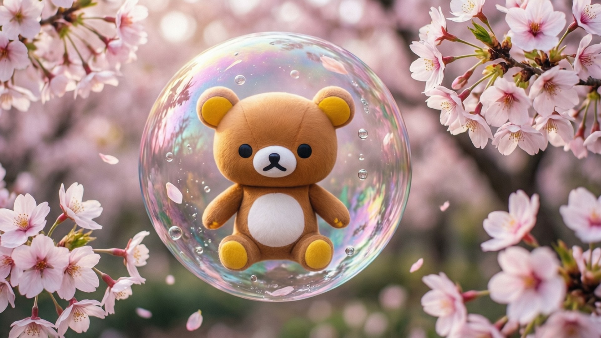 Korilakkuma 桌布 壁紙 — 一隻可愛的棕色泰迪熊坐在閃閃發光的肥皂泡內，周圍環繞著柔軟的粉紅色櫻花。