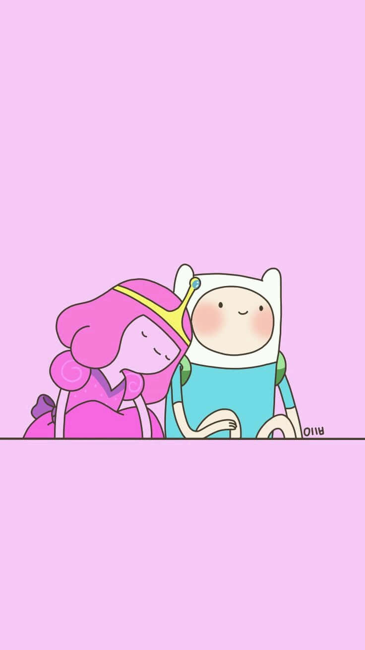  壁紙 — 一個可愛的卡通男孩和女孩以簡單線條藝術風格，在柔和的粉紅色背景上一起休息。