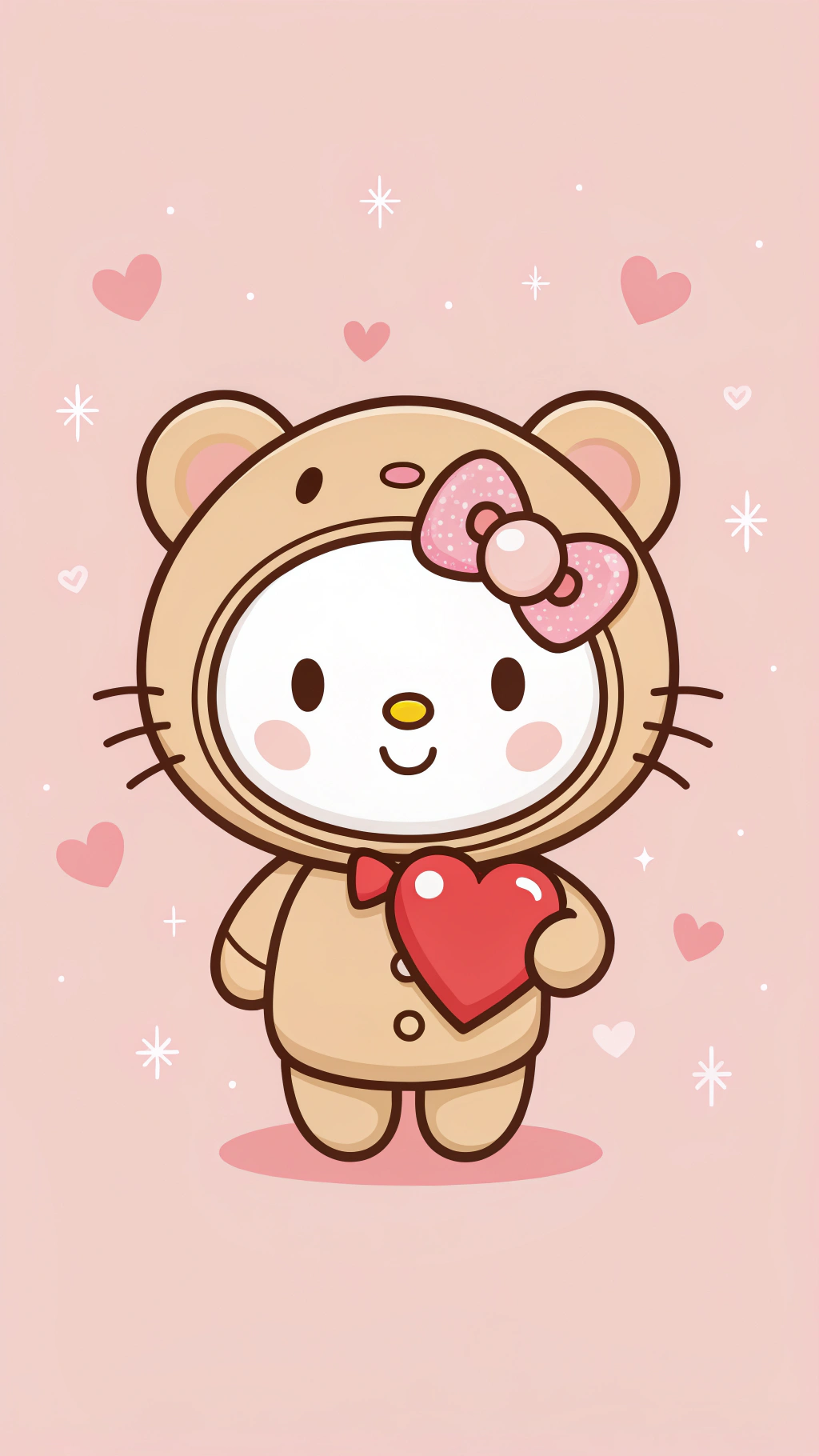 Hello Kitty 穿著熊服裝，在粉紅色背景上拿著一顆紅心，周圍有漂浮的心形和星星 — Hello Kitty 壁紙