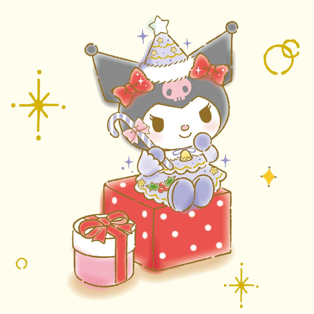  壁紙 — 一個可愛的卡通角色戴著節日帽子坐在紅色圓點禮物盒上，周圍有節日裝飾。