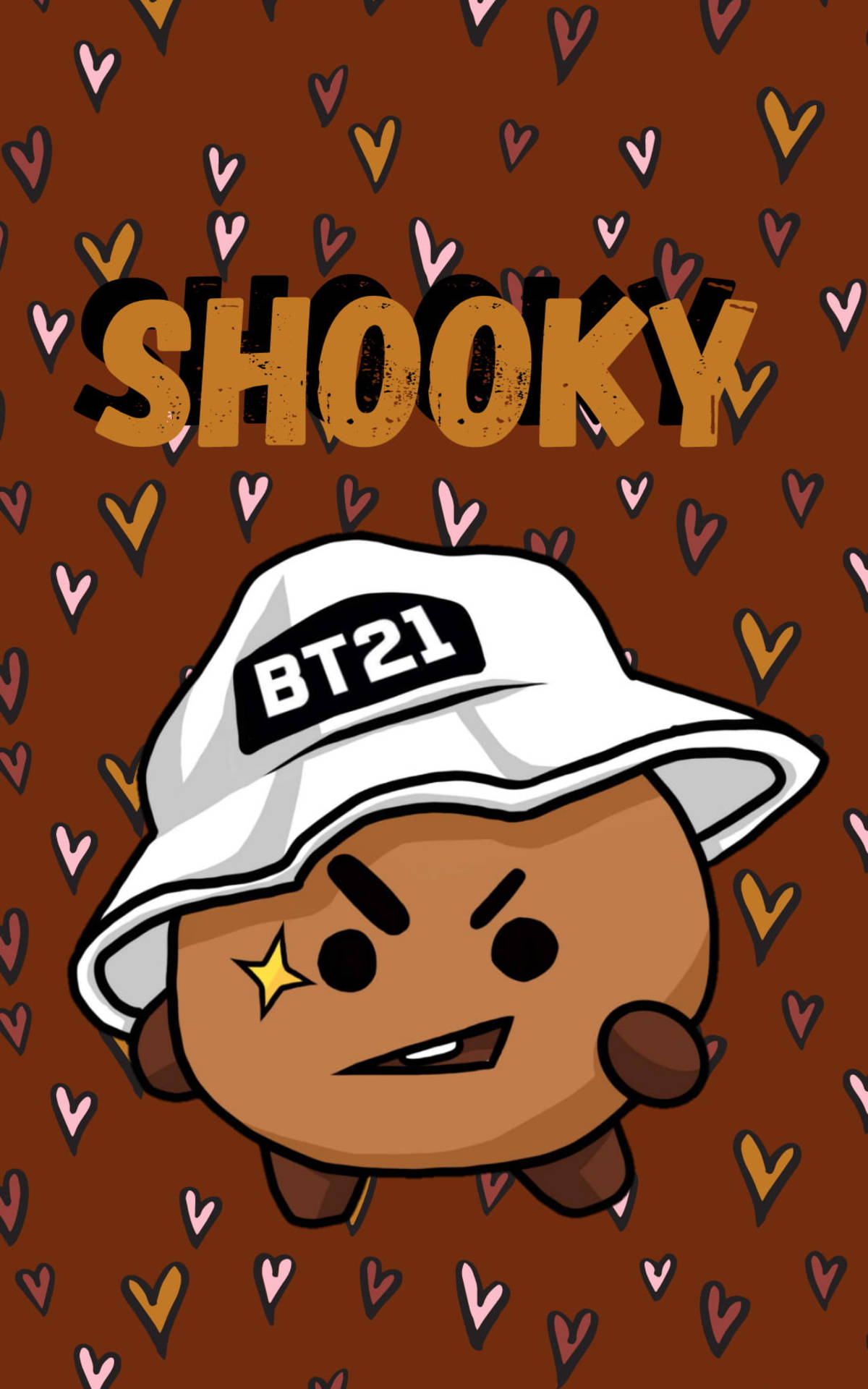 BT21角色戴著白色帽子，背景有愛心。 — Bts 壁紙