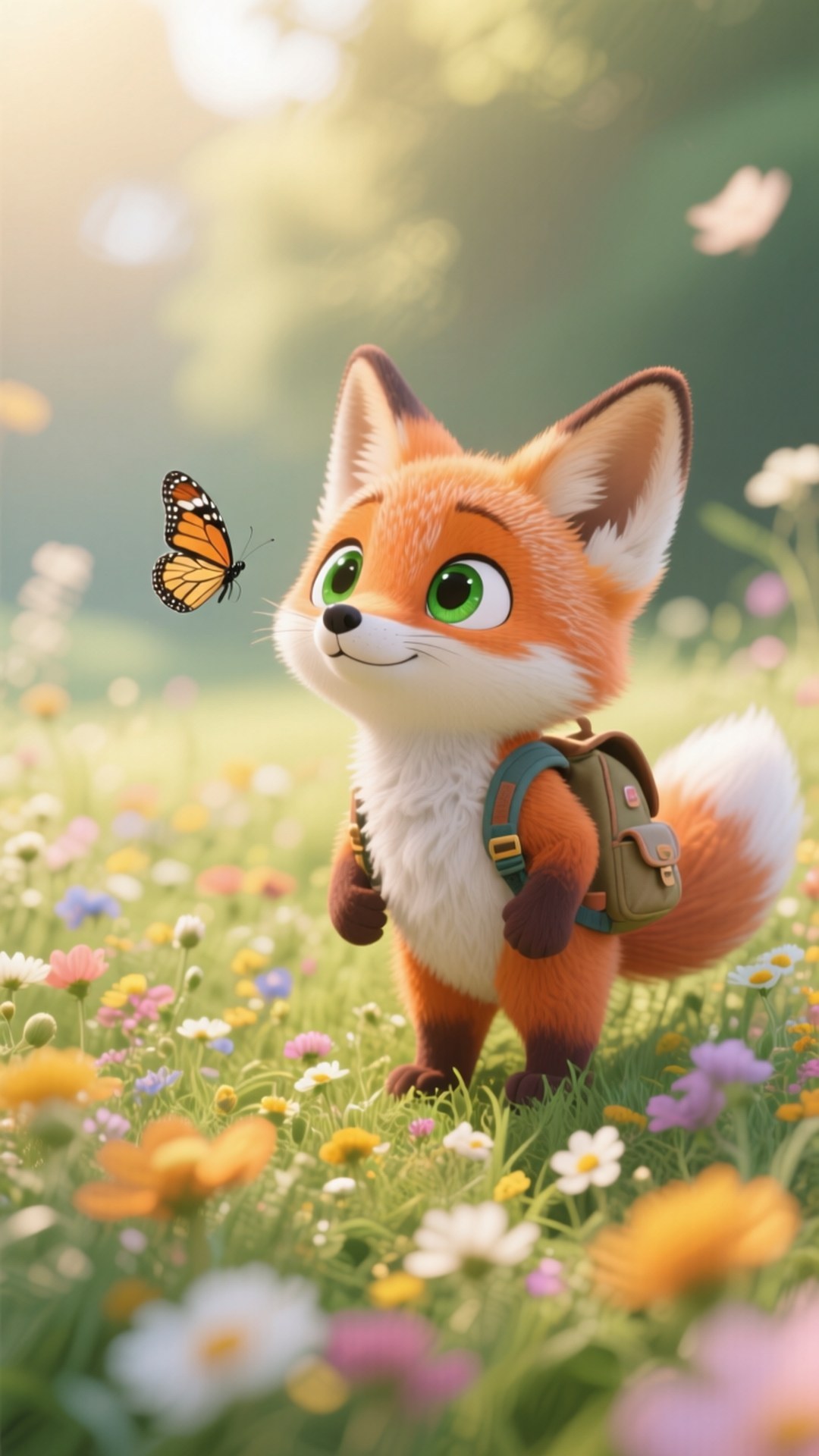 Curious Fox in Flowers 壁紙 — 一隻可愛的卡通狐狸，有著綠色眼睛和背包，站在陽光明媚的草地上，草地上開滿了色彩繽紛的野花，一隻帝王蝶在附近翩翩起舞。