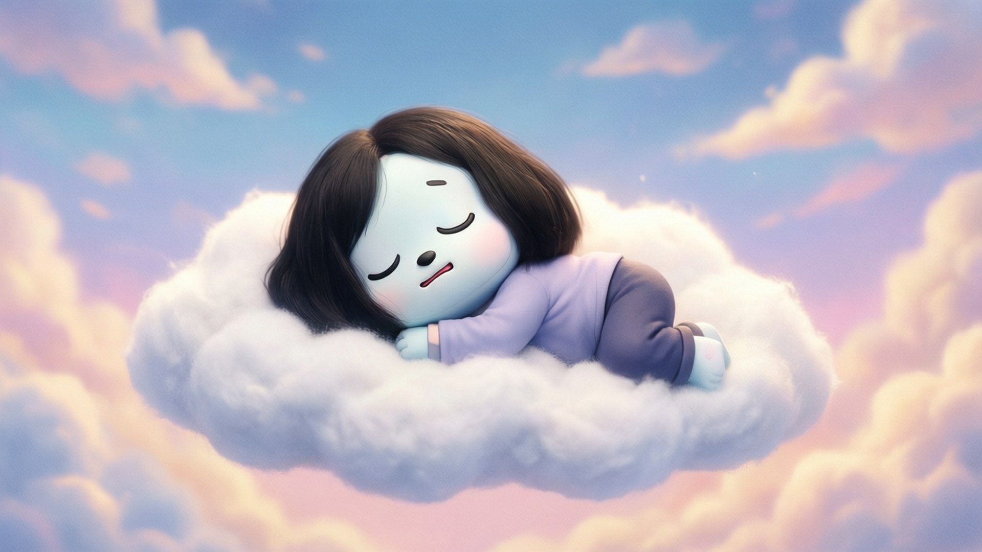 Sleeping Shooky Cloud 壁紙 — 一個可愛的卡通女孩，深色頭髮，在粉彩天空背景下，在 fluffy 白色雲上安詳地睡覺。