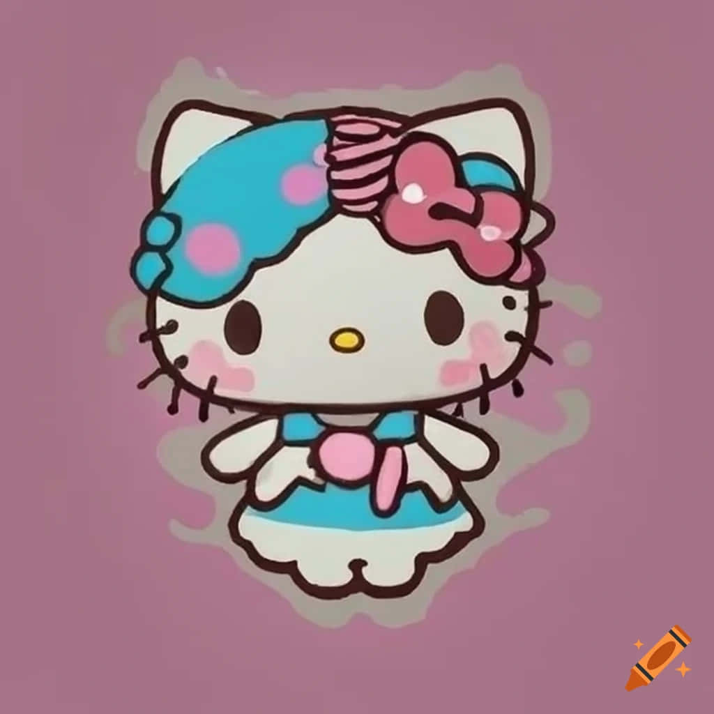  壁紙 — 可愛的卡通Hello Kitty，戴著藍色圓點髮帶和粉紅色蝴蝶結，背景是柔和的粉紅色。