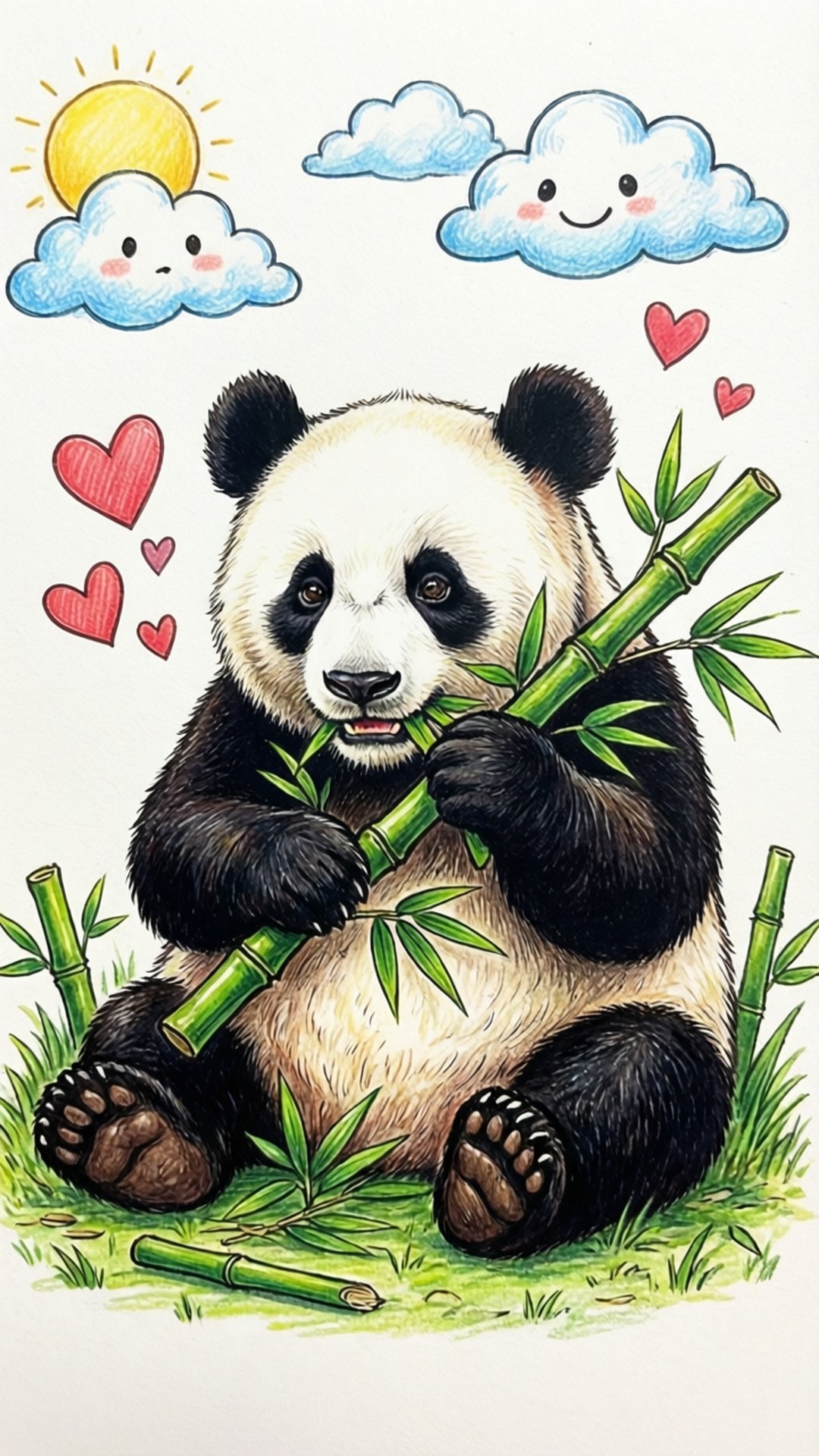 Cute Panda Doodle 壁紙 — 可愛的卡通熊貓在微笑的雲朵和飄浮著心形的太陽下咀嚼竹子。