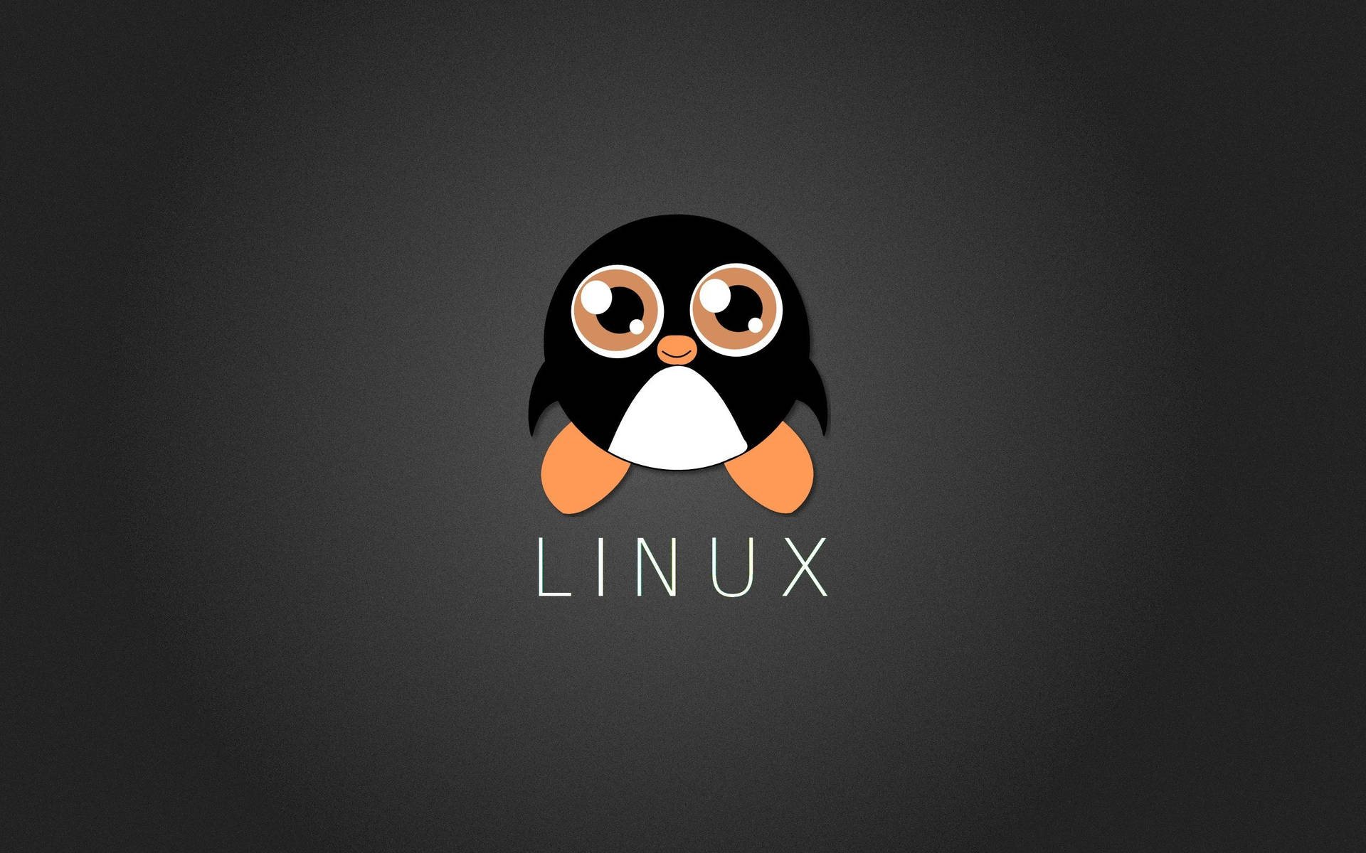 Linux企鵝吉祥物，大眼睛和橙色腳，深灰色背景。 — Linux 壁紙
