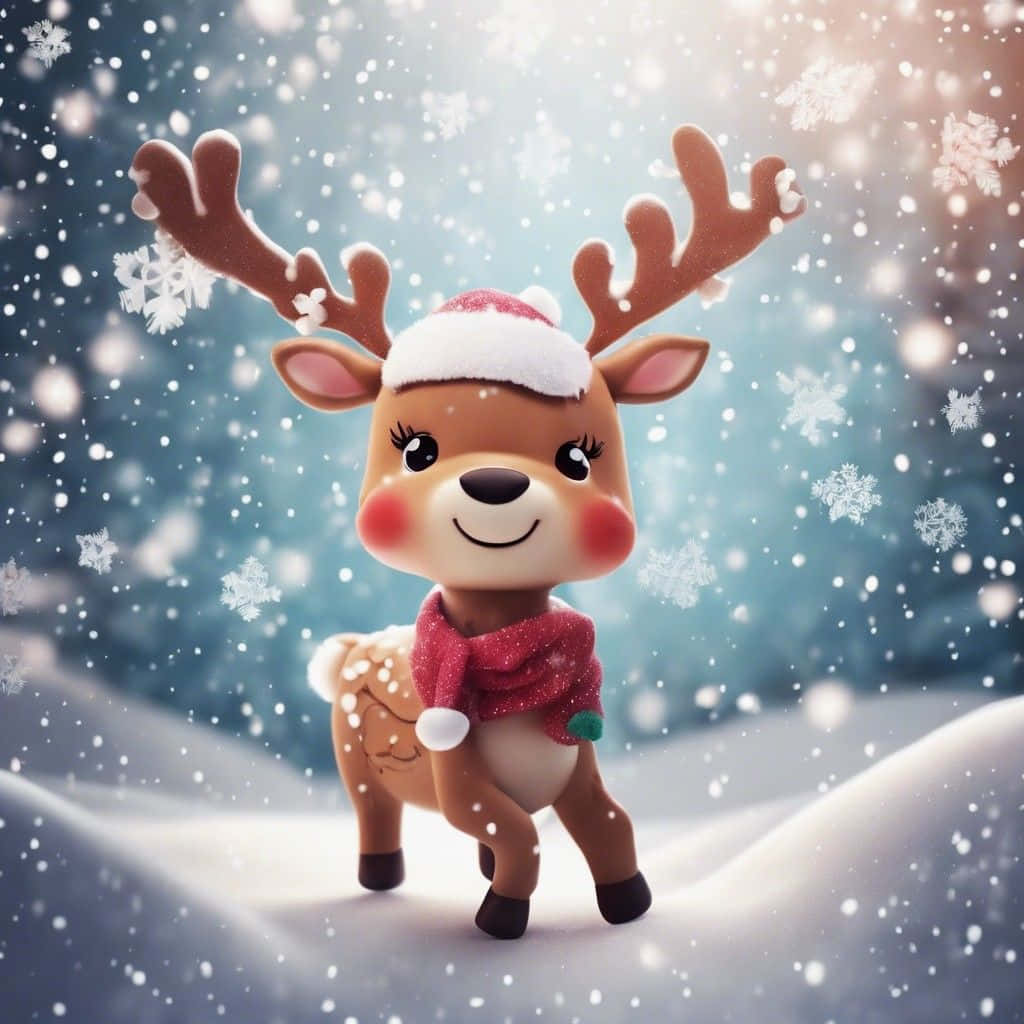  壁紙 — 一隻可愛的卡通馴鹿戴著紅色圍巾和聖誕帽，站在雪景中，雪花在它周圍飄落。