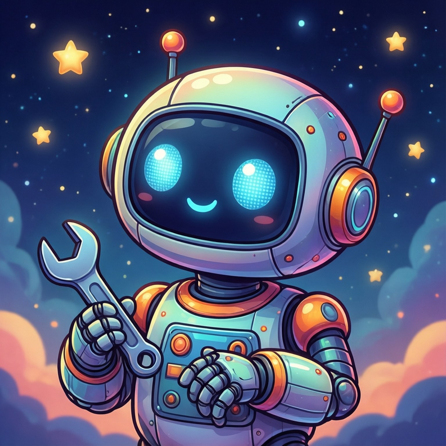 Bad Robot 桌布 壁紙 — 一個可愛的卡通機器人，發光的藍色眼睛，在星空和彩色雲朵的夜空下拿著扳手。