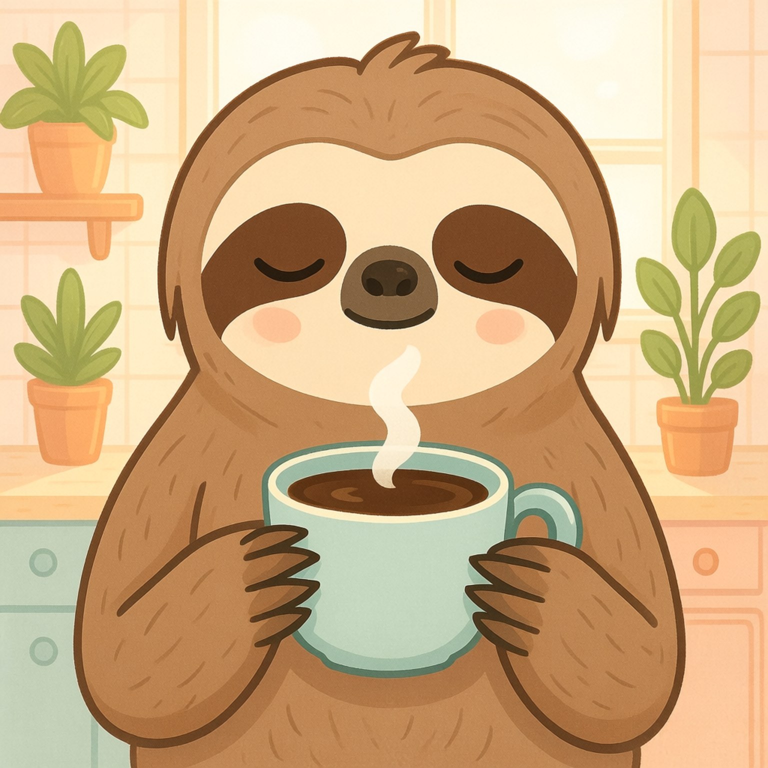 Morning Coffee Sloth 壁紙 — 一隻可愛的卡通樹懶閉著眼睛，在一個有盆栽植物的舒適廚房裡啜飲著冒煙的咖啡。