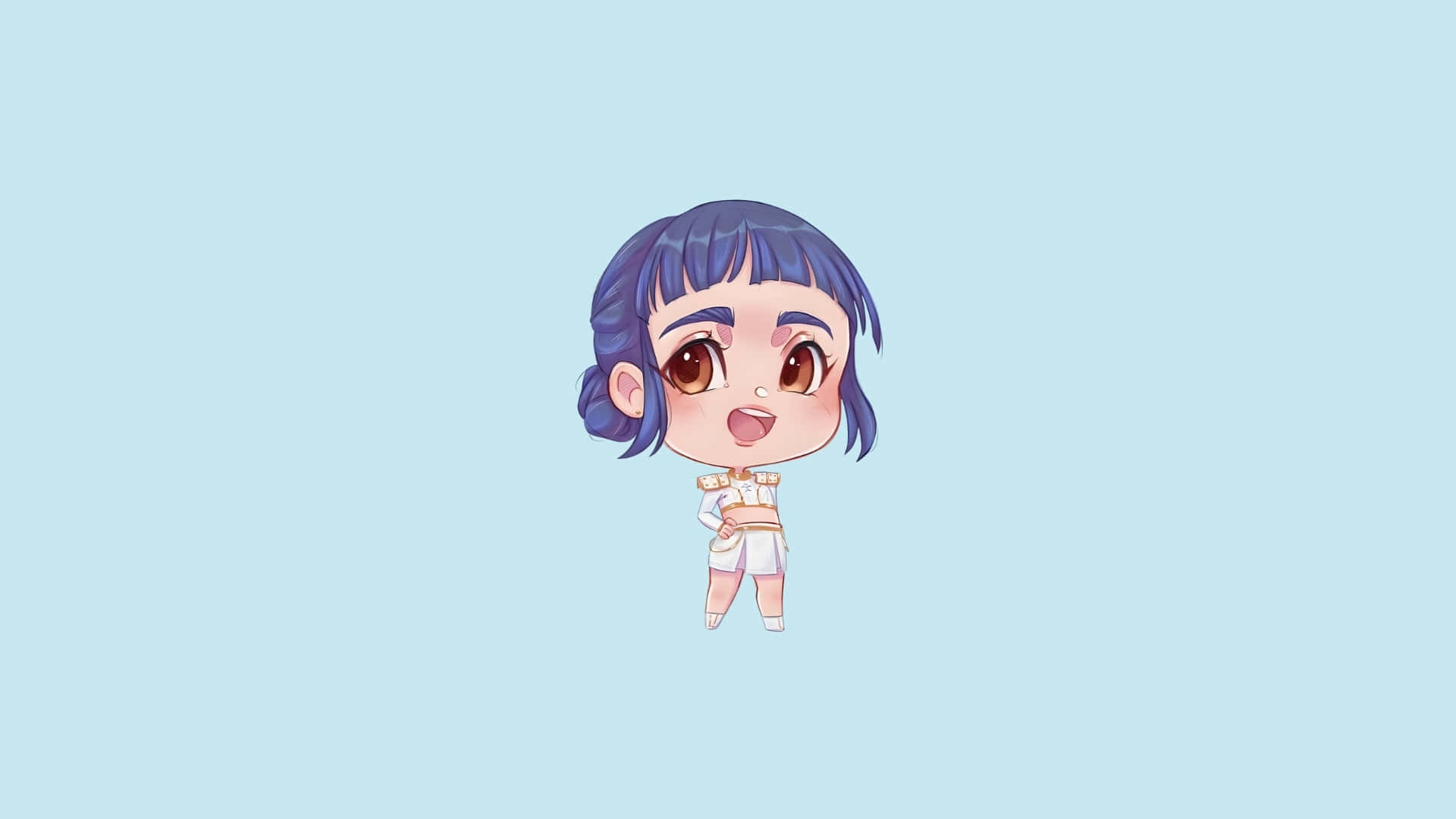  壁紙 — 一個可愛的藍髮棕眼Q版動漫女孩，穿著白色服裝，站在柔和的藍色背景前。