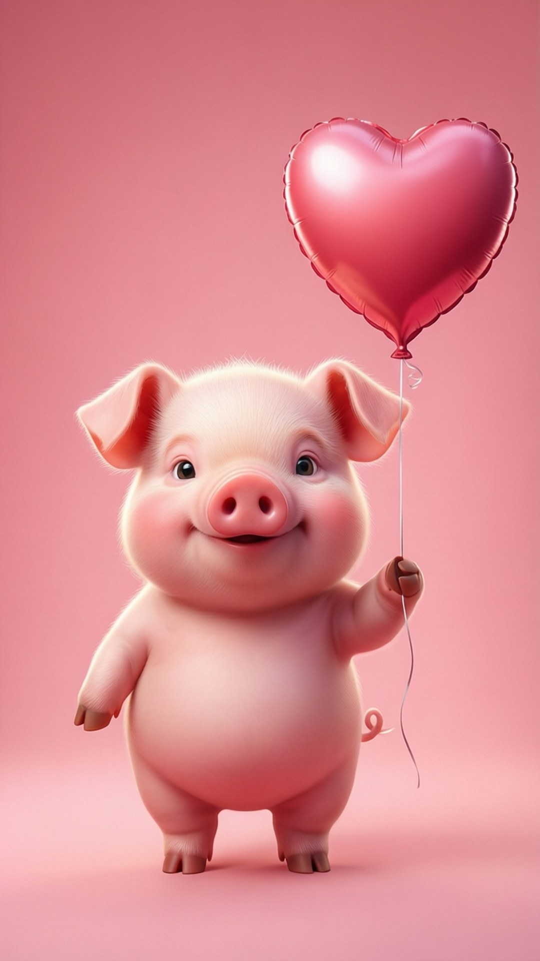 Pig with Heart Balloon 壁紙 — 一隻可愛的胖嘟嘟粉紅色小豬微笑著，在柔和粉紅色背景前拿著一個閃閃發光的心形氣球。