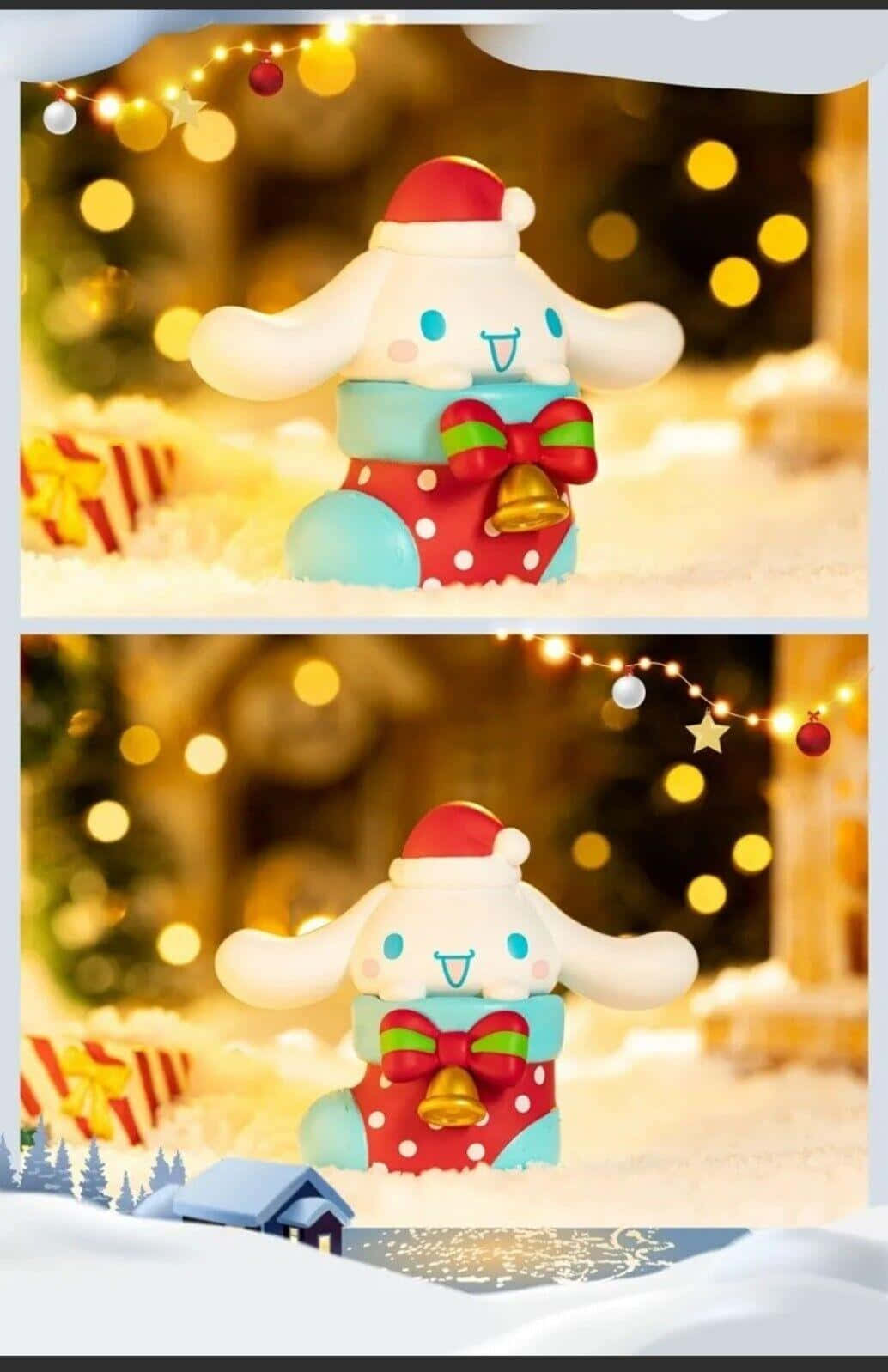  壁紙 — 一個可愛的Cinnamoroll公仔，戴著聖誕帽，穿著紅色圓點服裝，站在雪景中，背景有溫暖的散景燈光。