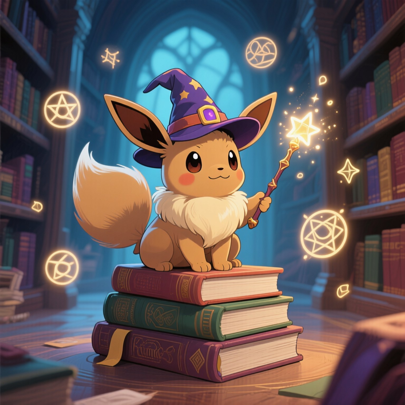 Wizard Eevee 壁紙 — 一隻可愛的伊布戴著紫色巫師帽，坐在宏偉圖書館裡一堆彩色書本上，施展發光的星星魔法。