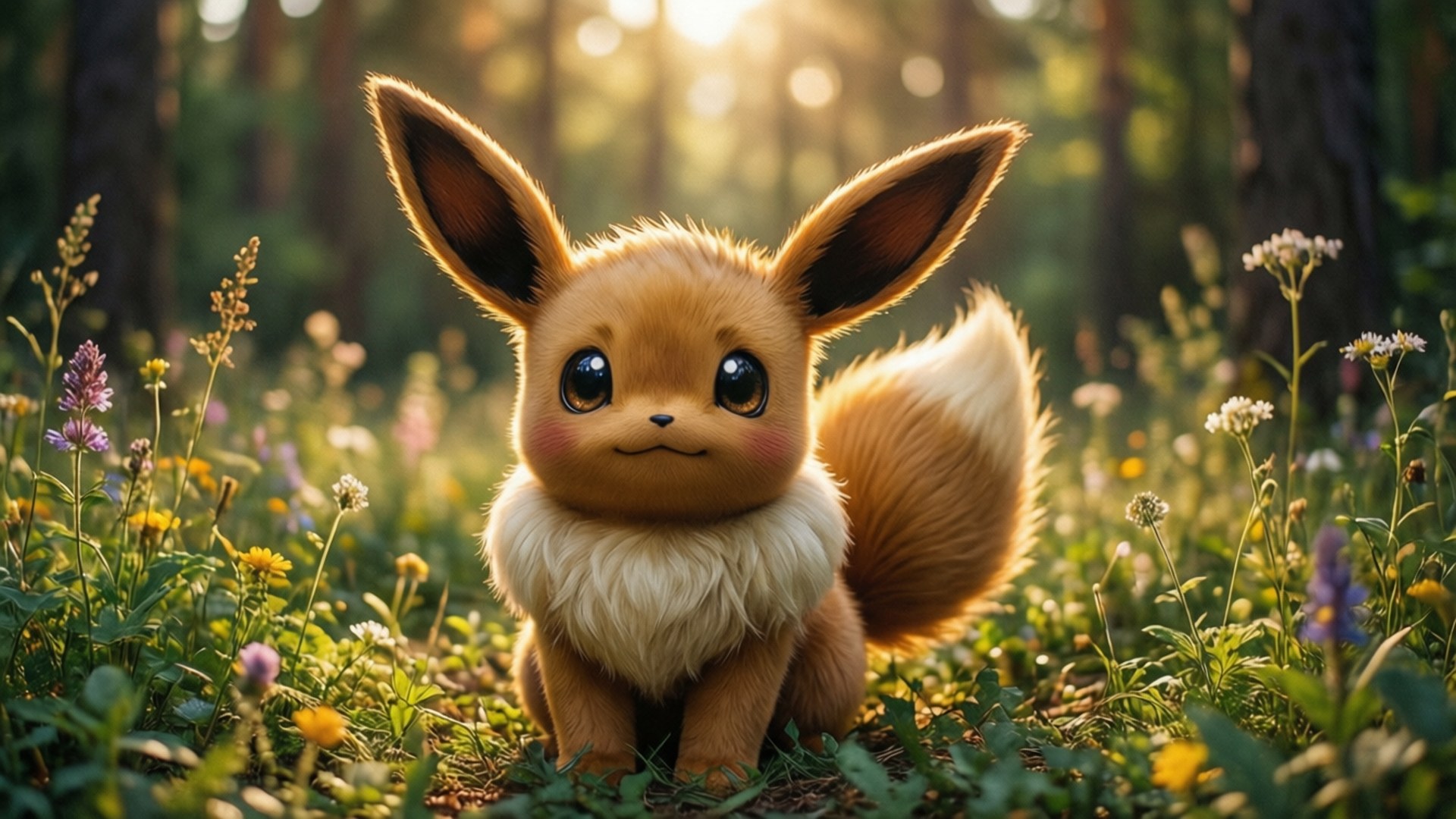 Eevee in Sunlit Forest 壁紙 — 一隻可愛的伊布，有大耳朵和蓬鬆的尾巴，坐在陽光明媚的森林空地中，周圍是色彩繽紛的野花。