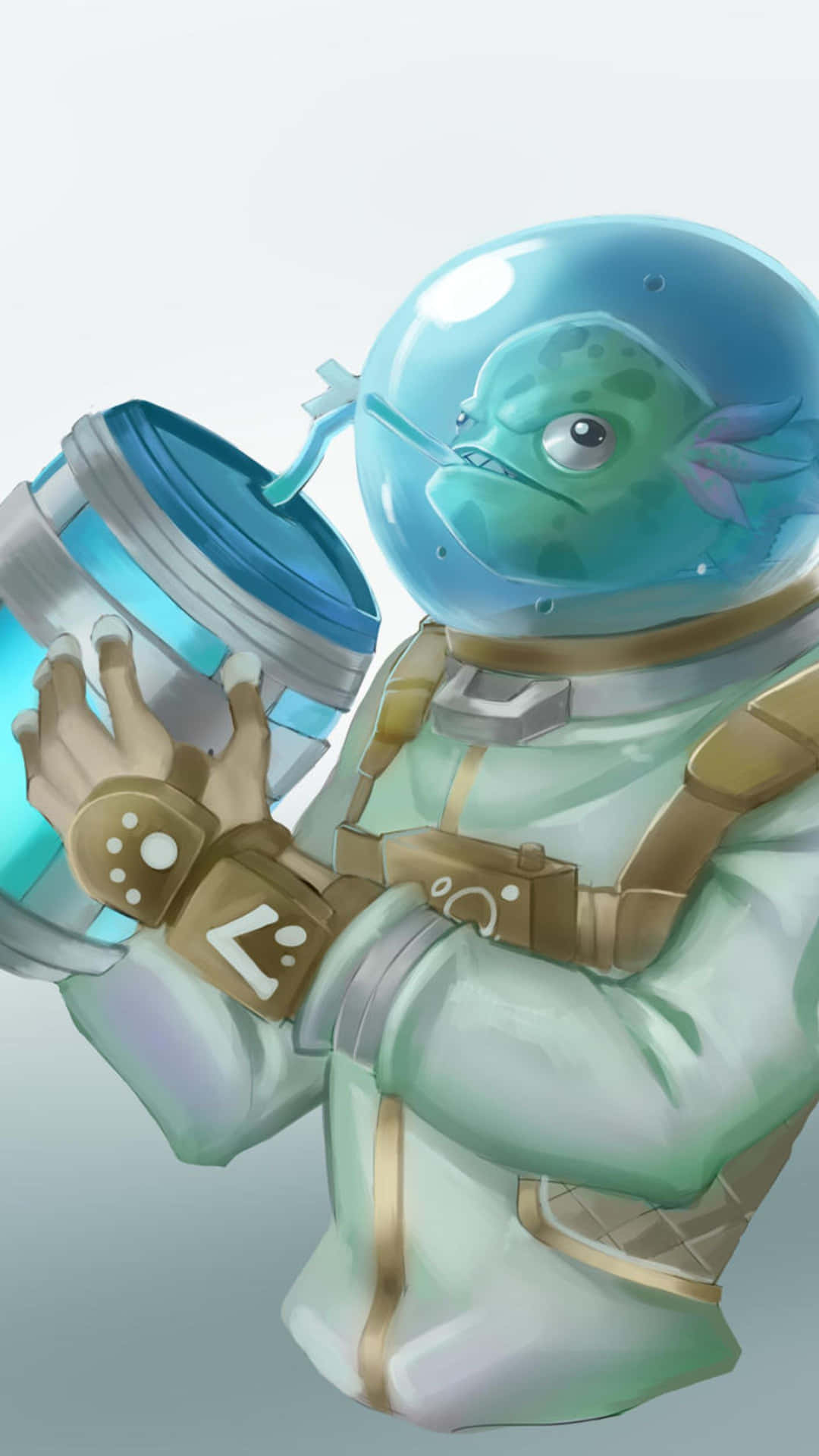  壁紙 — 一個可愛的魚形外星人，穿著淺綠色太空衣，在柔和漸變背景前，從一個發光的藍色杯中啜飲。