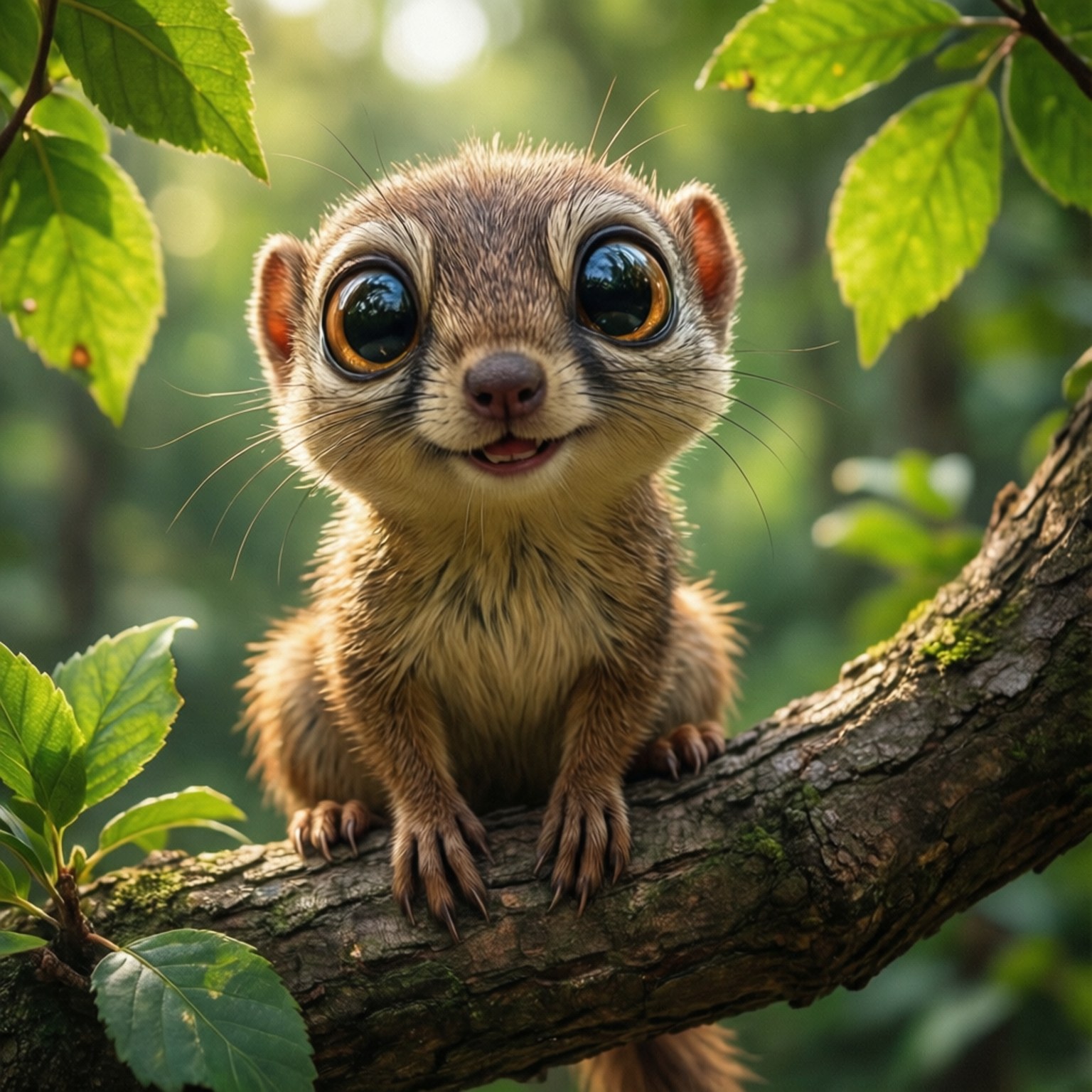 Cute Snarf Portrait 壁紙 — 一隻可愛的毛茸茸松鼠，有著巨大的圓眼睛，棲息在長滿苔蘚的樹枝上，周圍是綠葉。