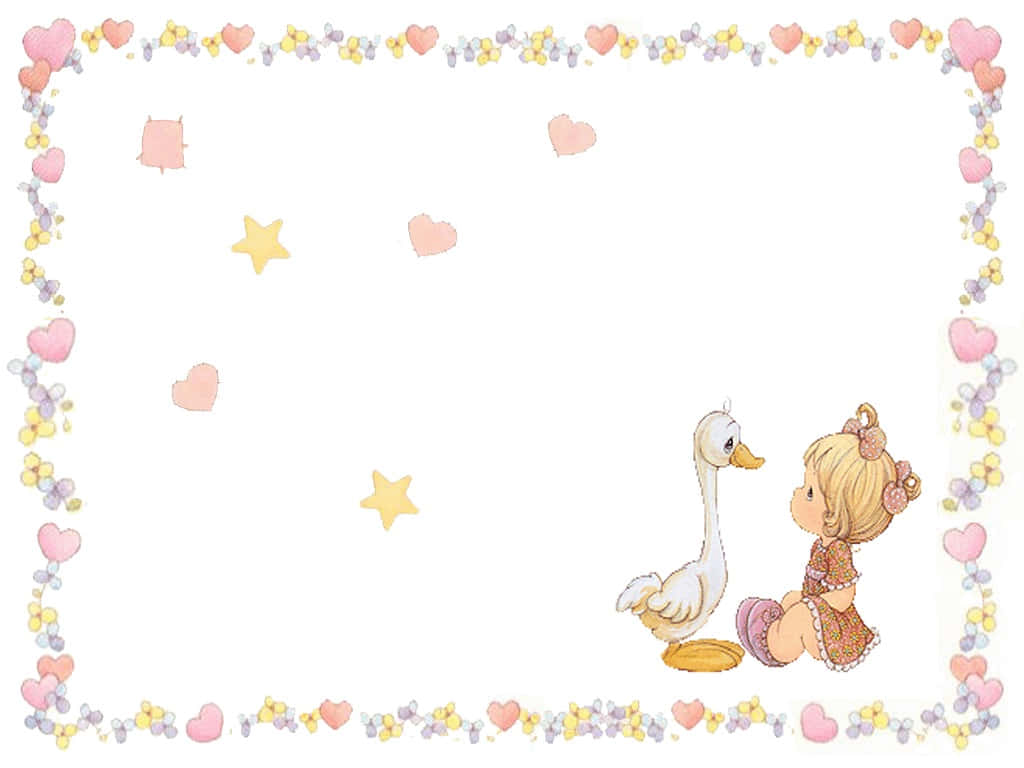  壁紙 — 一個穿著碎花裙的可愛女孩坐在一隻白鵝旁邊，心形和星星在柔和色調的邊框內漂浮。