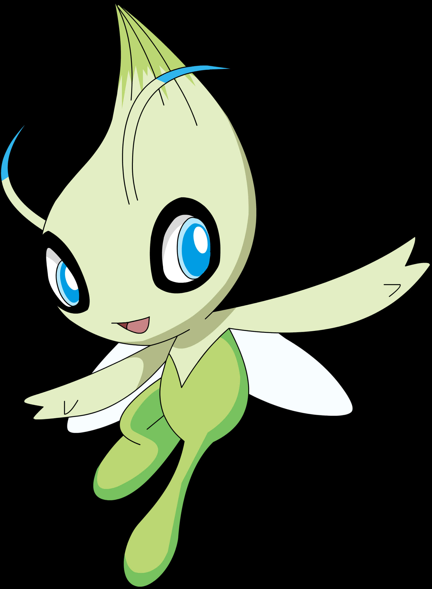Celebi 桌布 壁紙 — 一隻可愛的綠色卡通生物，有著大大的藍色眼睛和白色翅膀，在黑色背景上飛翔。