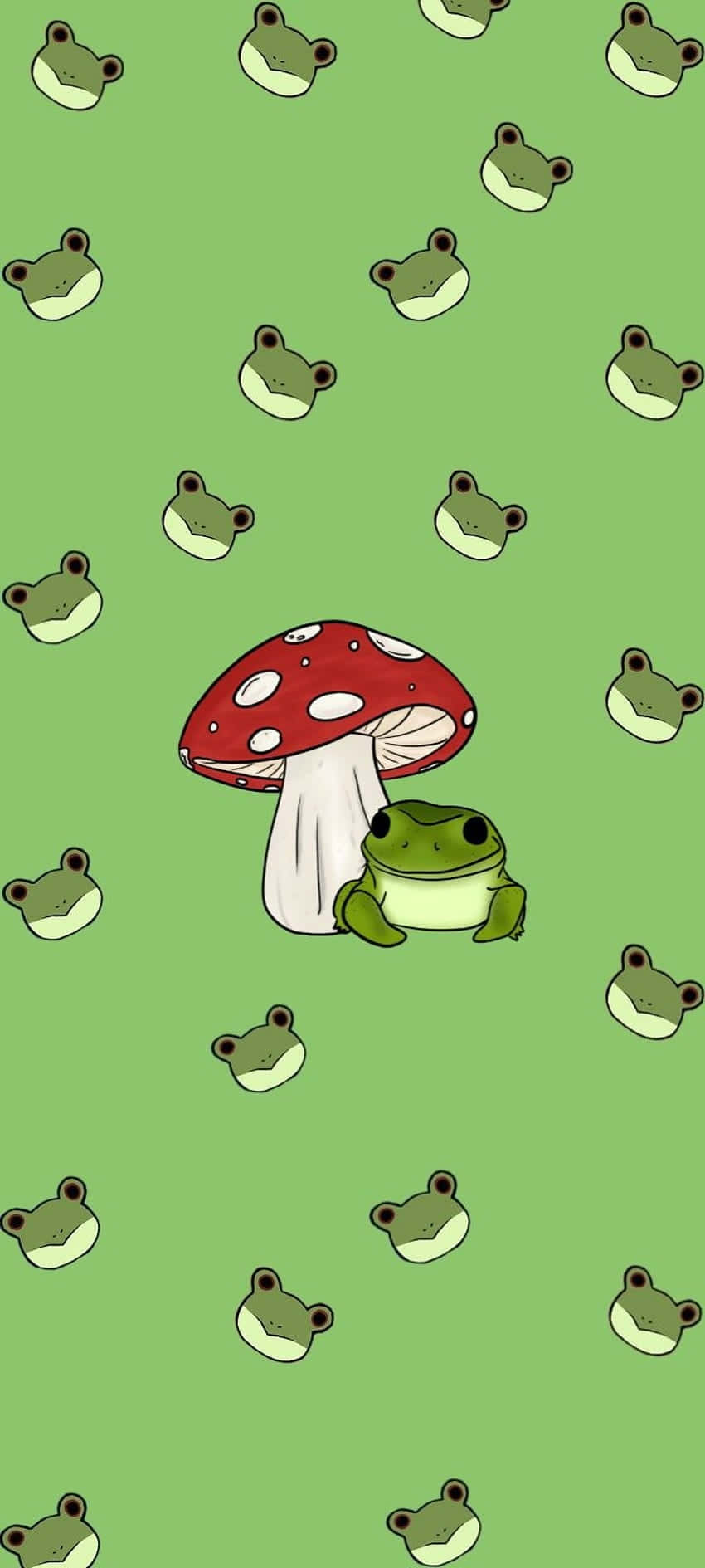  壁紙 — 一隻可愛的綠色青蛙坐在一個紅色和白色斑點蘑菇旁邊，背景是淺綠色，充滿了小小的青蛙臉。