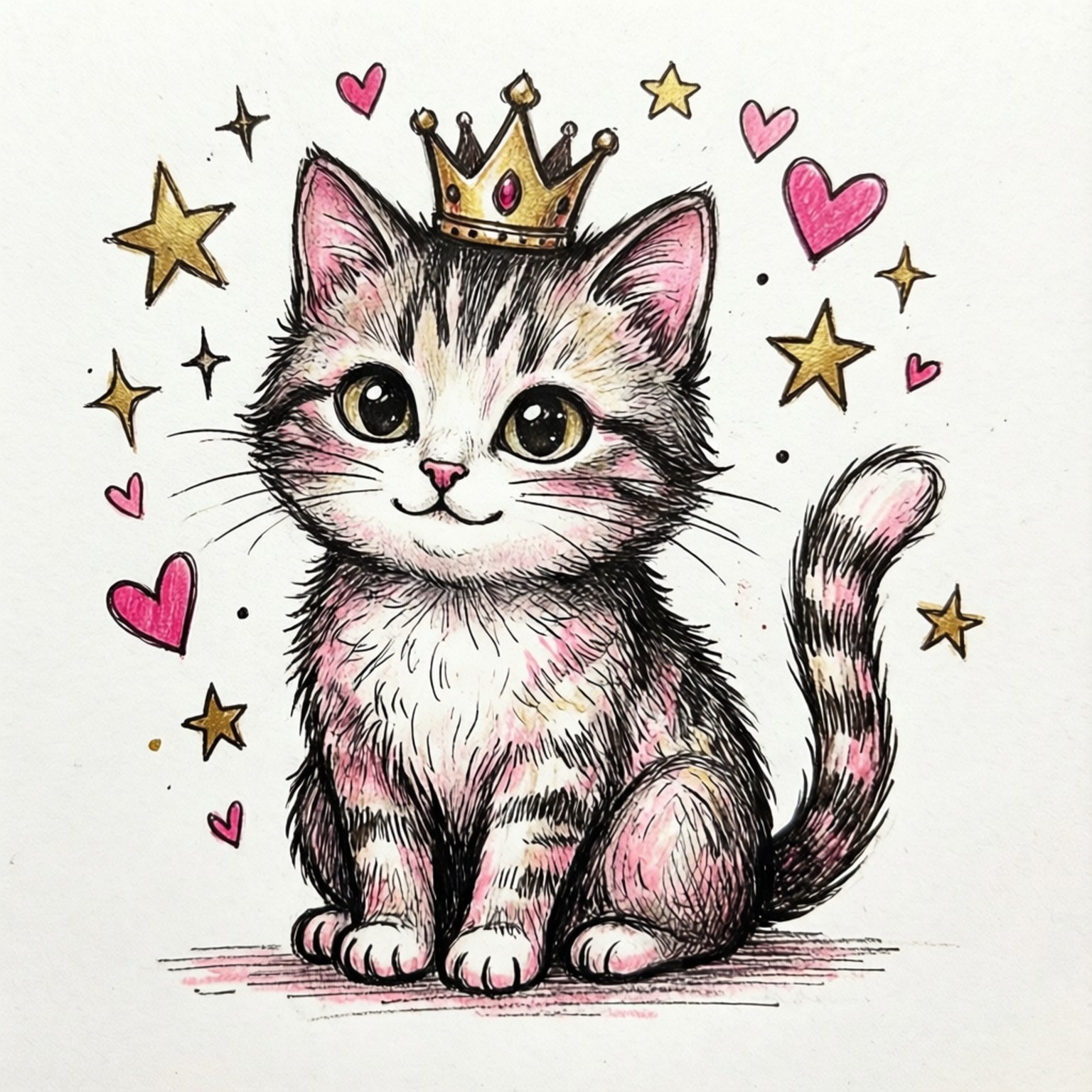 Royal Doodle Cat 壁紙 — 一隻可愛的插圖小貓戴著金色皇冠，周圍環繞著粉紅色的心和金色的星星。