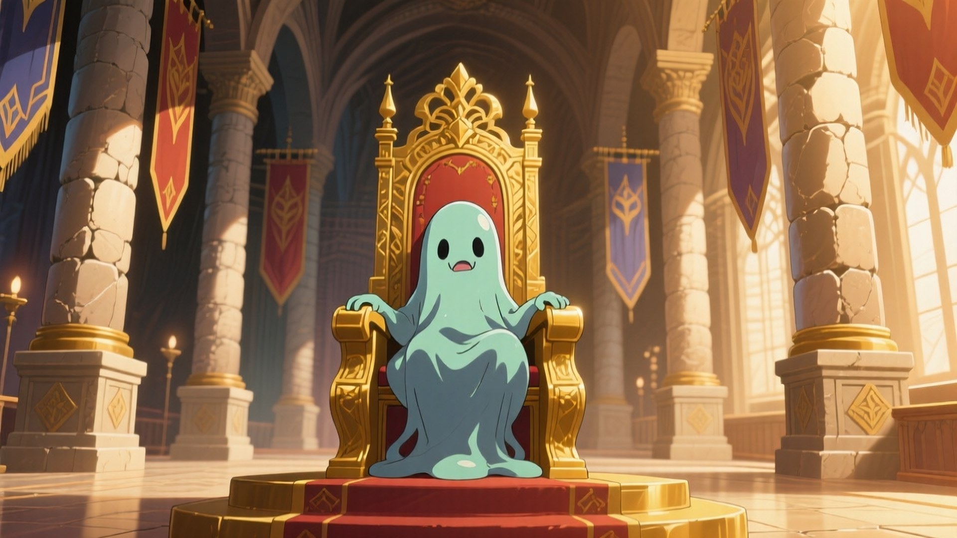 Slime on the Throne 壁紙 — 一個可愛的淺藍色鬼魂莊嚴地坐在陽光明媚的石頭大教堂中的金色寶座上，周圍有旗幟和柱子。