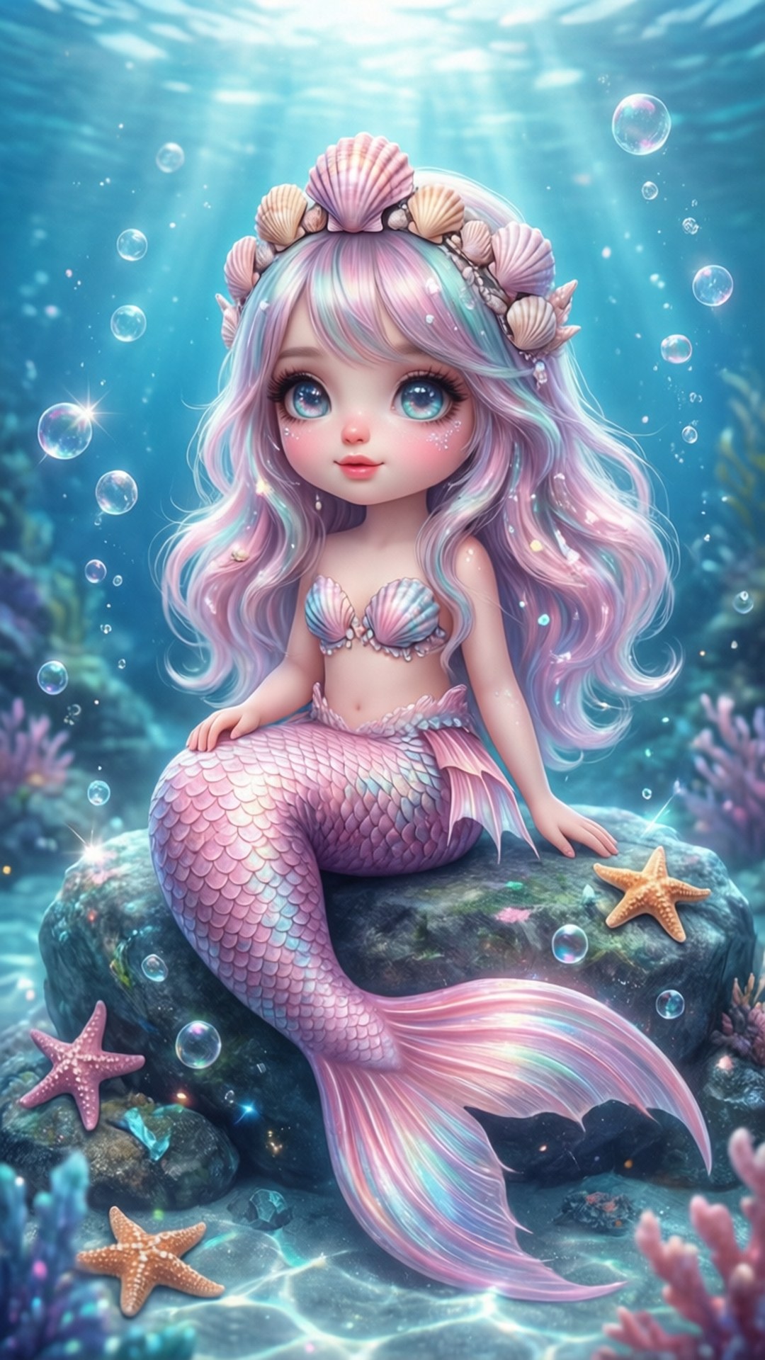 Pastel Mermaid Dream 壁紙 — 一個可愛的美人魚，擁有粉彩粉紅色和藍色的頭髮和貝殼皇冠，坐在水下的岩石上，周圍環繞著氣泡和海星。