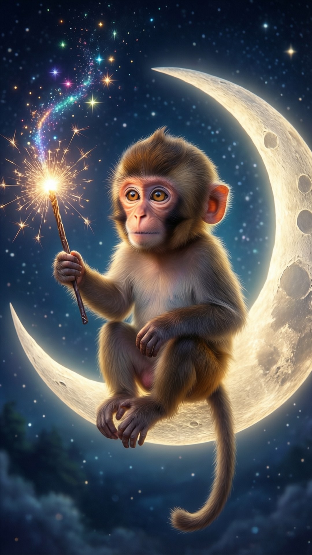 Magical Moon Monkey 壁紙 — 一隻可愛的猴子坐在新月上，手持閃閃發光的煙火，背景是繁星點點的夜空。