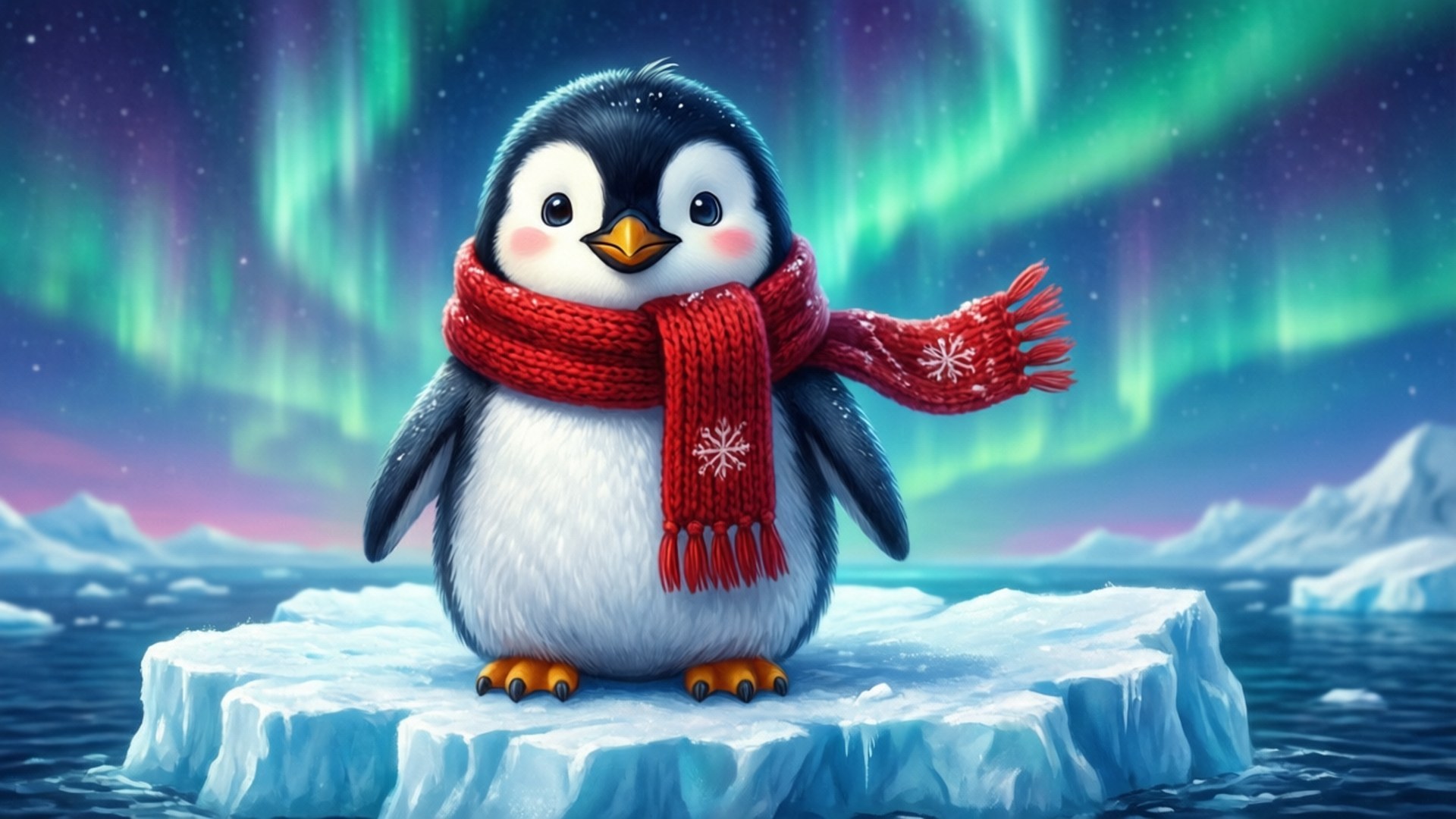 Penguin and Aurora 壁紙 — 一隻可愛的企鵝戴著紅色針織圍巾，站在冰山上，背景是充滿活力的綠色北極光。