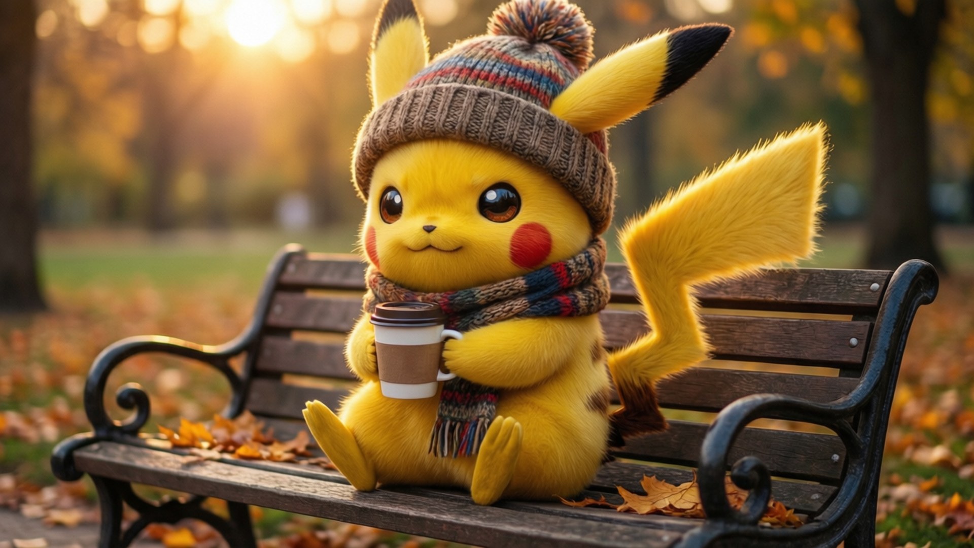 Cozy Pikachu Chibi 壁紙 — 一隻可愛的皮卡丘戴著針織帽和圍巾坐在公園長椅上，手持咖啡杯，金色秋葉散落在周圍。