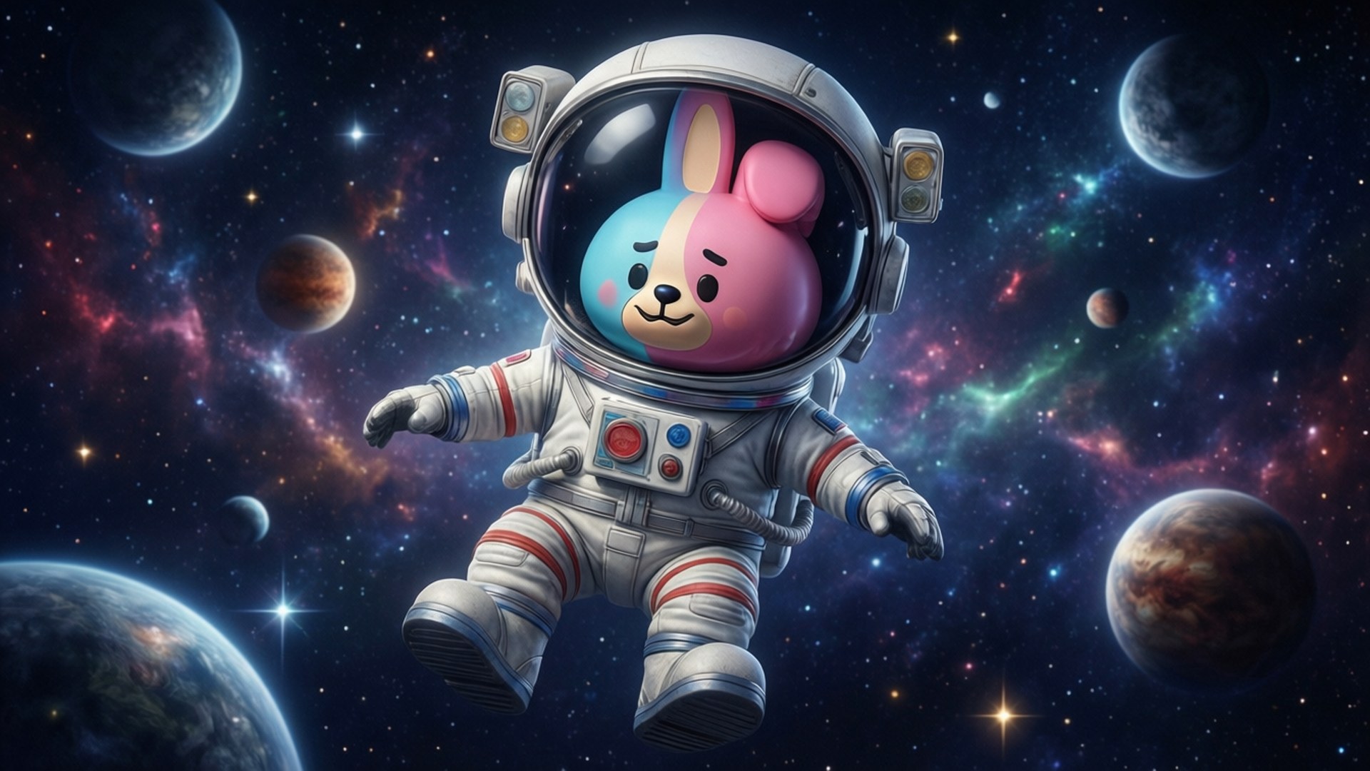 Space Explorer Chimmy 壁紙 — 一隻可愛的粉藍色兔子太空人在太空中漂浮，周圍是色彩繽紛的星雲和遙遠的行星。