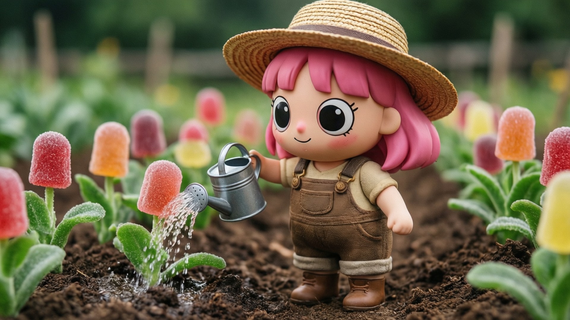泡泡糖公主 桌布 壁紙 — 一個可愛的粉紅色頭髮動漫女孩穿著工裝褲，用銀色澆水壺在花園裡澆灌糖果色的鬱金香。