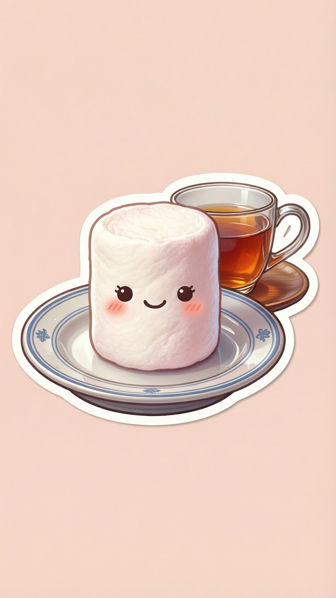 Kawaii Marshmallow Tea 壁紙 — 一個可愛的粉紅色棉花糖，臉頰紅潤，面帶微笑，坐在一個藍色圖案盤子上，旁邊有一杯琥珀色茶。