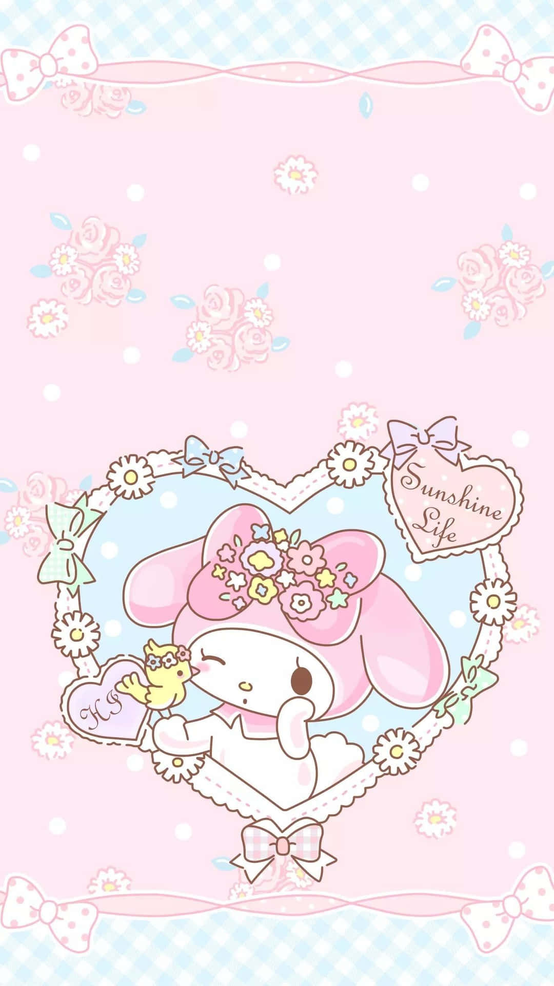 My Melody在粉紅色背景上，於帶有花朵和蝴蝶結的心形框架內抱著一隻小雞。 — Sanrio 壁紙
