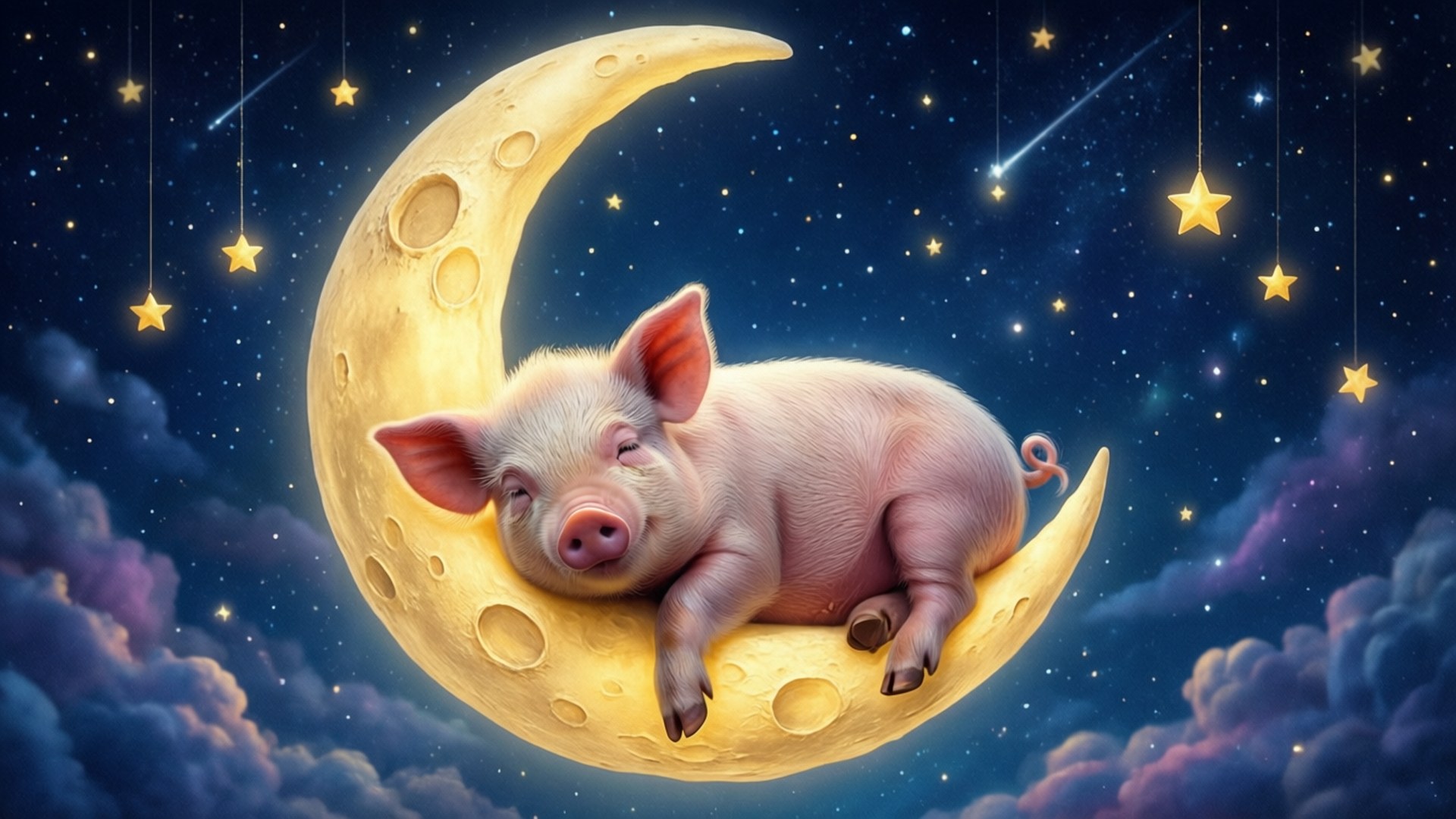 Moon Dreaming Pig 壁紙 — 一隻可愛的粉紅色豬在閃爍的彎月上安詳地蜷縮著睡覺，背景是星空、懸掛的星星和紫色雲朵。