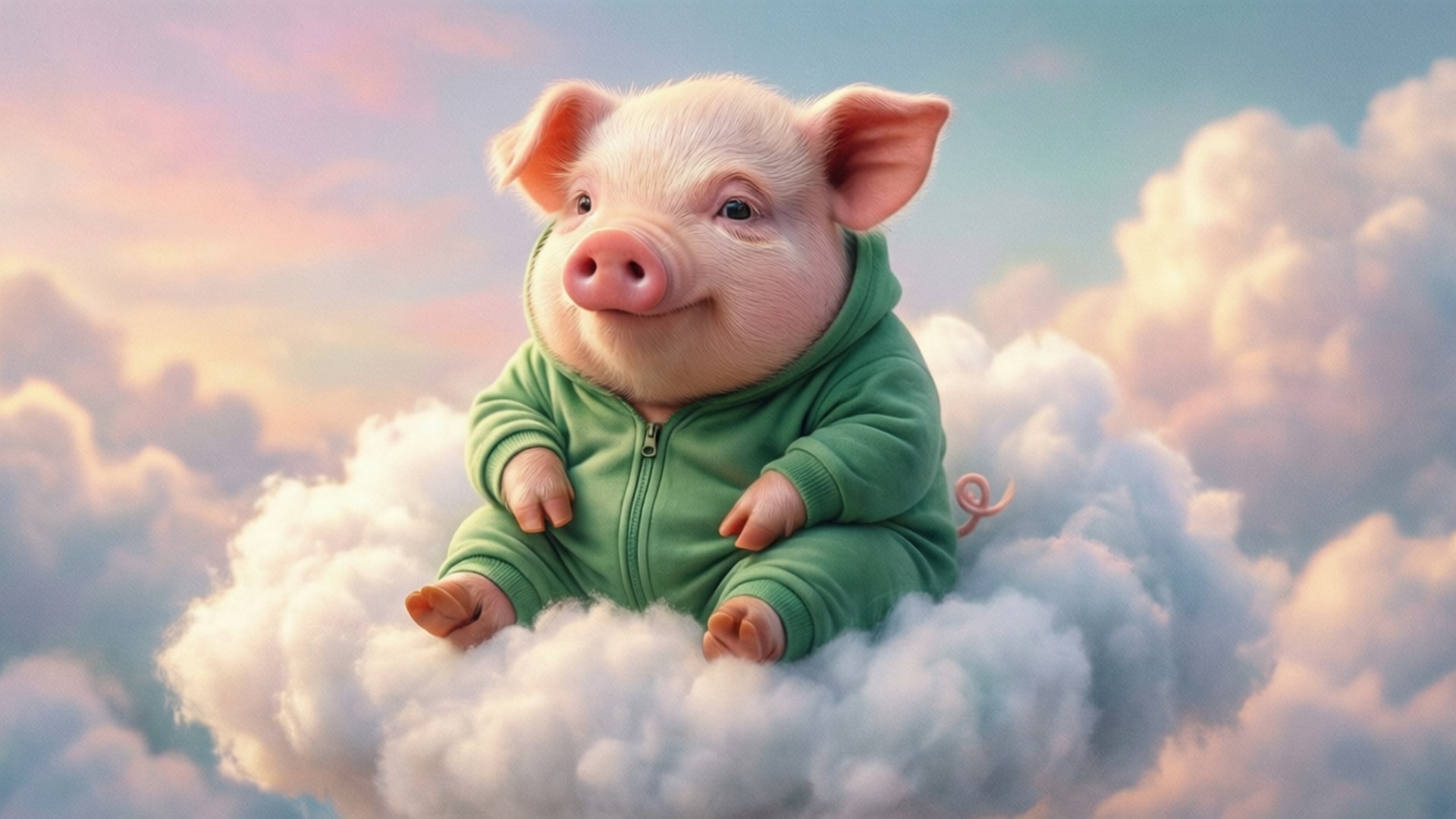 Pig on a Cloud in Onesie 壁紙 — 一隻可愛的粉紅色小豬穿著綠色連帽衫，坐在蓬鬆的雲朵上微笑，背景是粉彩天空。