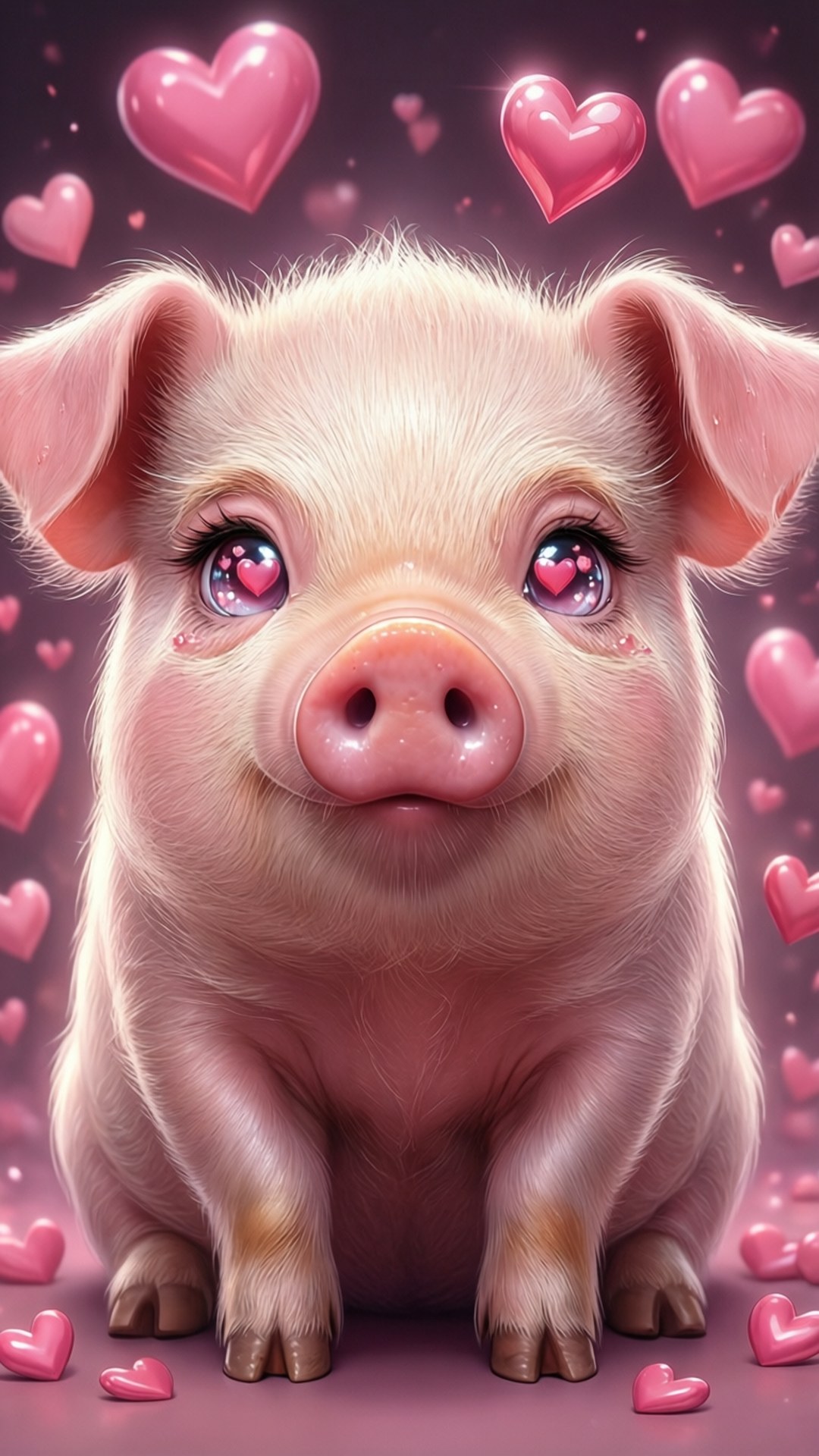 Love Struck Pig 壁紙 — 一隻可愛的粉紅色小豬，擁有心形眼睛，坐在夢幻紫色背景上，周圍漂浮著粉紅色心形。