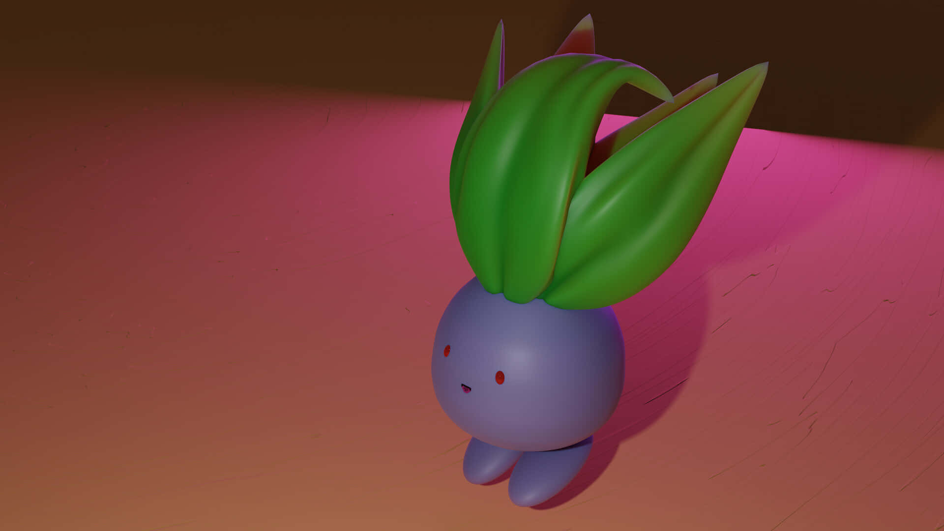 紫色3D生物，綠色葉狀頭髮，粉紅色漸變背景 — 3D 壁紙