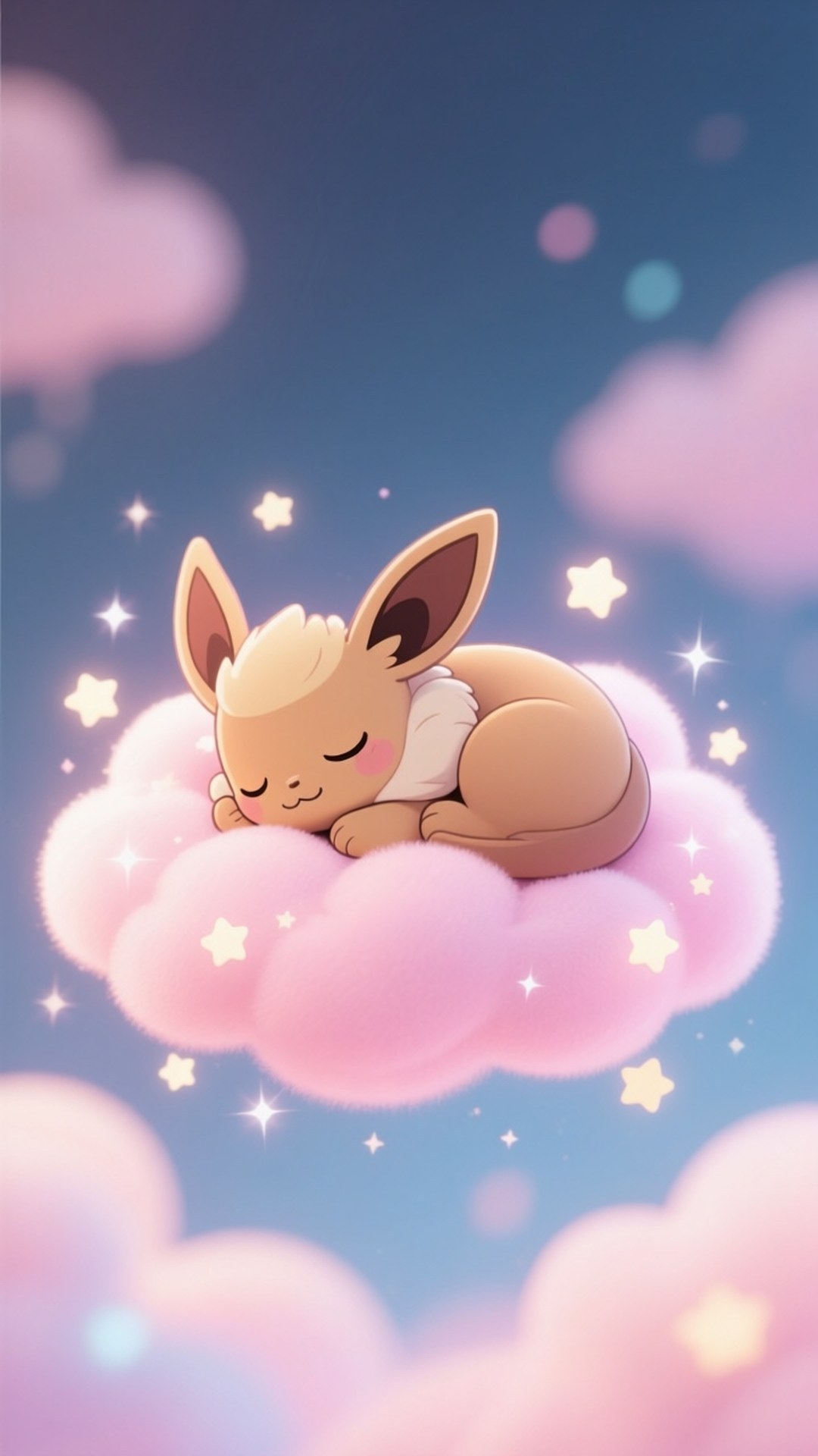 Sleeping Eevee on Cloud 壁紙 — 一隻可愛的睡夢中的伊布蜷縮在一個毛茸茸的粉紅色雲朵上，周圍是閃爍的星星，背景是柔和的藍天。