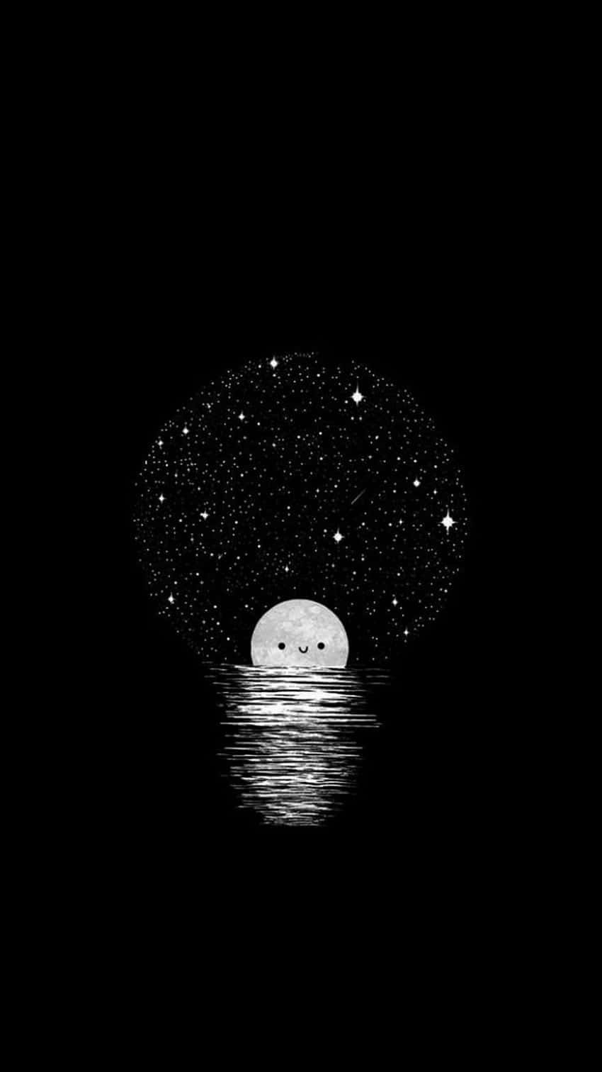  壁紙 — 一個可愛的笑臉月亮從水面升起，反射星星的極簡黑白插圖。