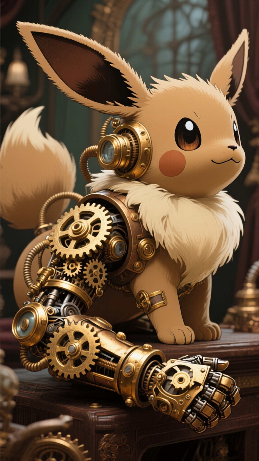 Steampunk Eevee 壁紙 — 一隻可愛的蒸氣龐克伊布，用黃銅齒輪和管道取代了右臂和肩膀，坐在木質表面上。