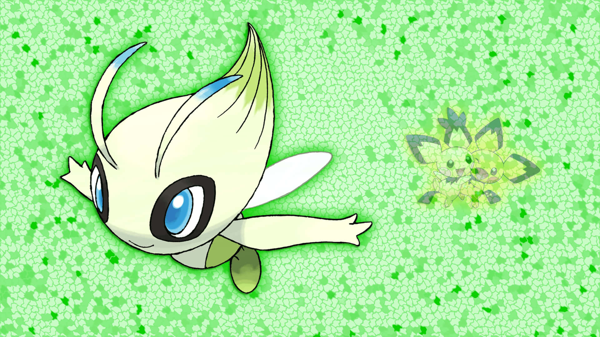 Celebi 桌布 壁紙 — 一隻可愛的白色動漫生物，擁有藍色眼睛和葉狀耳朵，在帶有紋理的綠色背景上向前飛翔，身後有一個較小的發光版本。