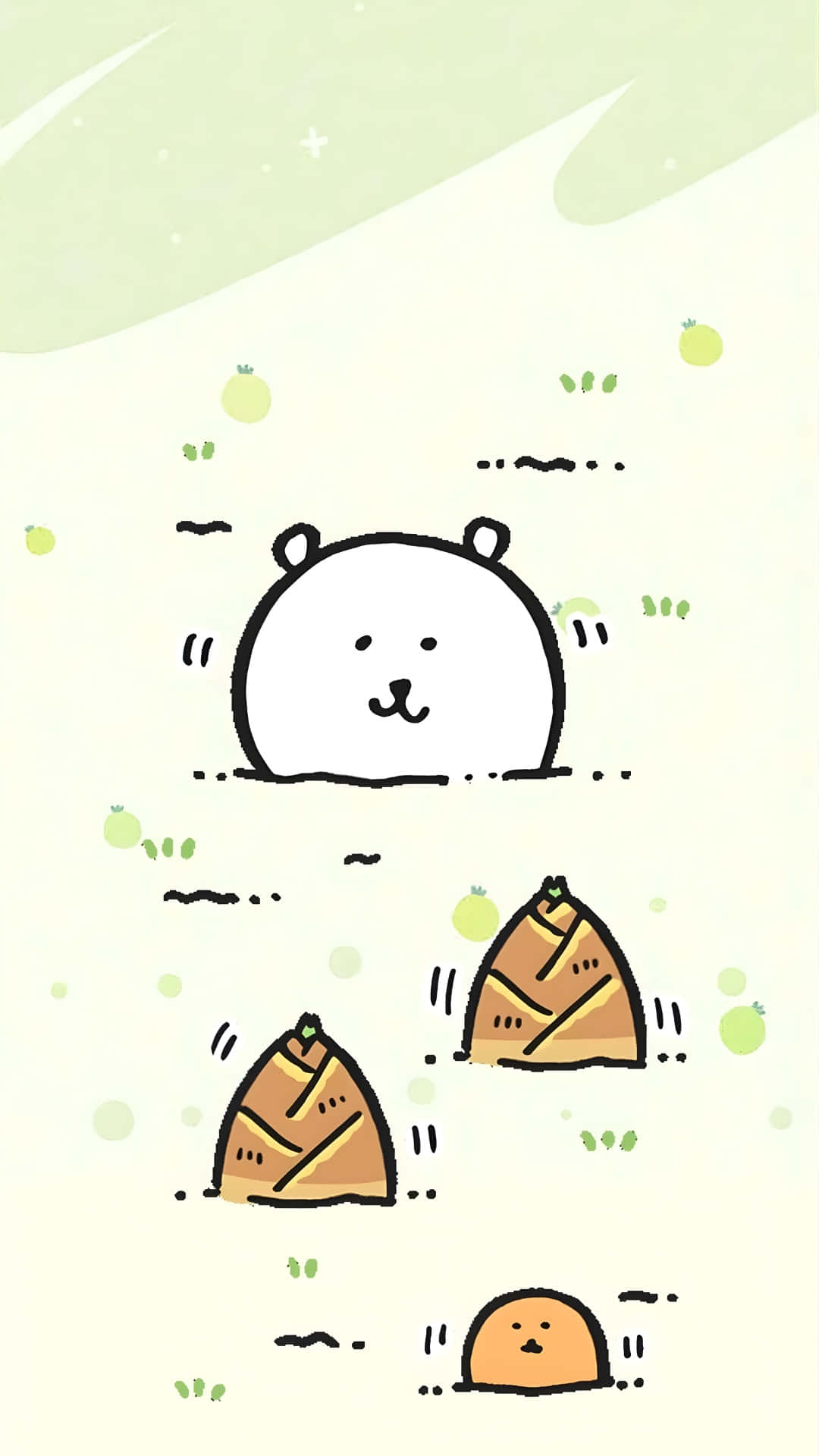  壁紙 — 一隻可愛的白熊和三個餃子從淺綠色帶有漂浮水果的毯子下探出頭來。